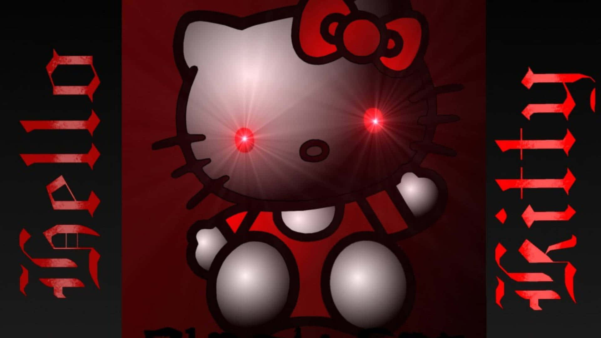 Hello Kitty 帶有發光紅眼和哥德式文字在深紅色背景上。