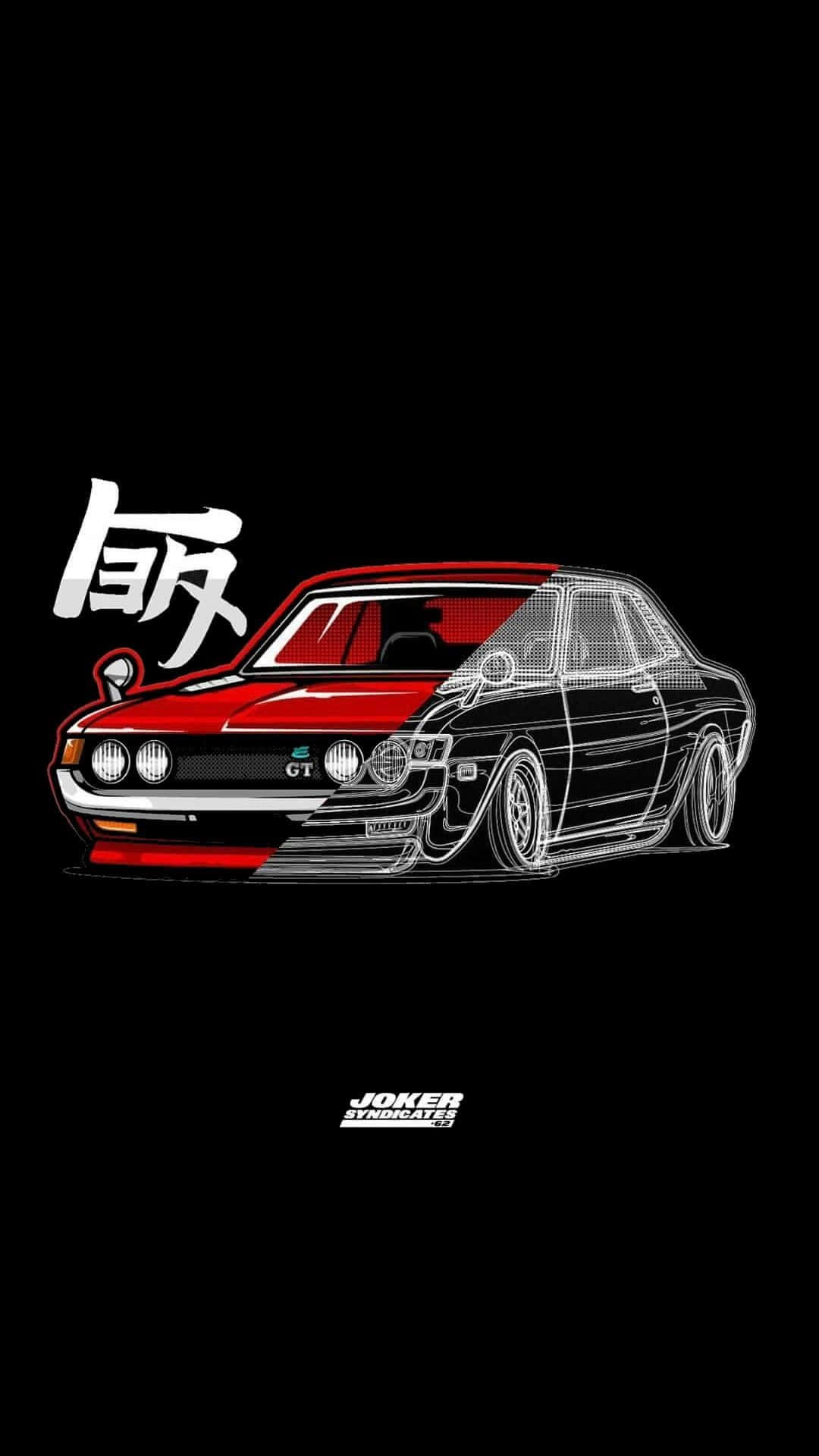 帶有日文文字和 Joker Stunners 標誌的紅黑經典汽車插圖。
