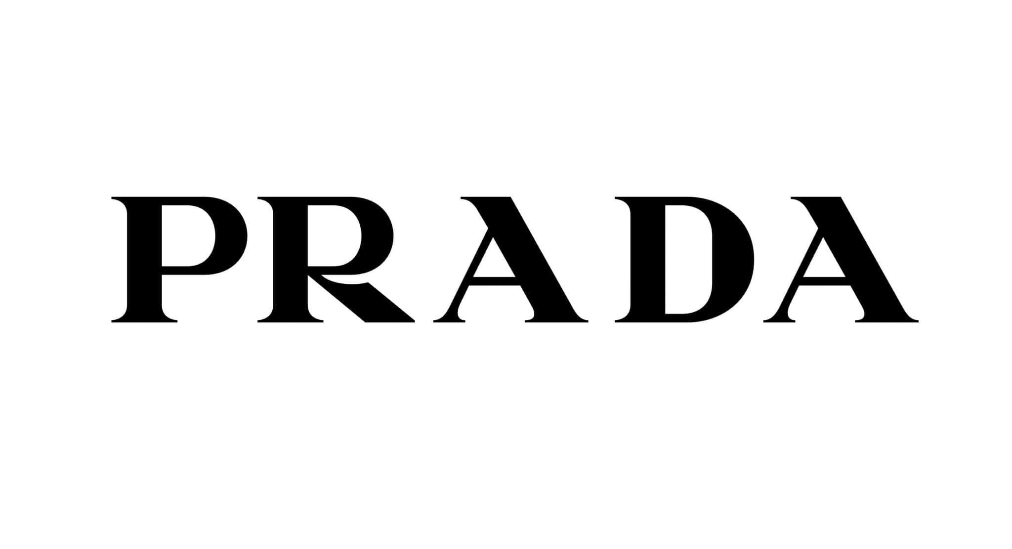 展現你的時尚魅力，選擇普拉達 壁紙 — 大膽黑色Prada標誌居中於純白背景，搭配簡潔極簡字體。