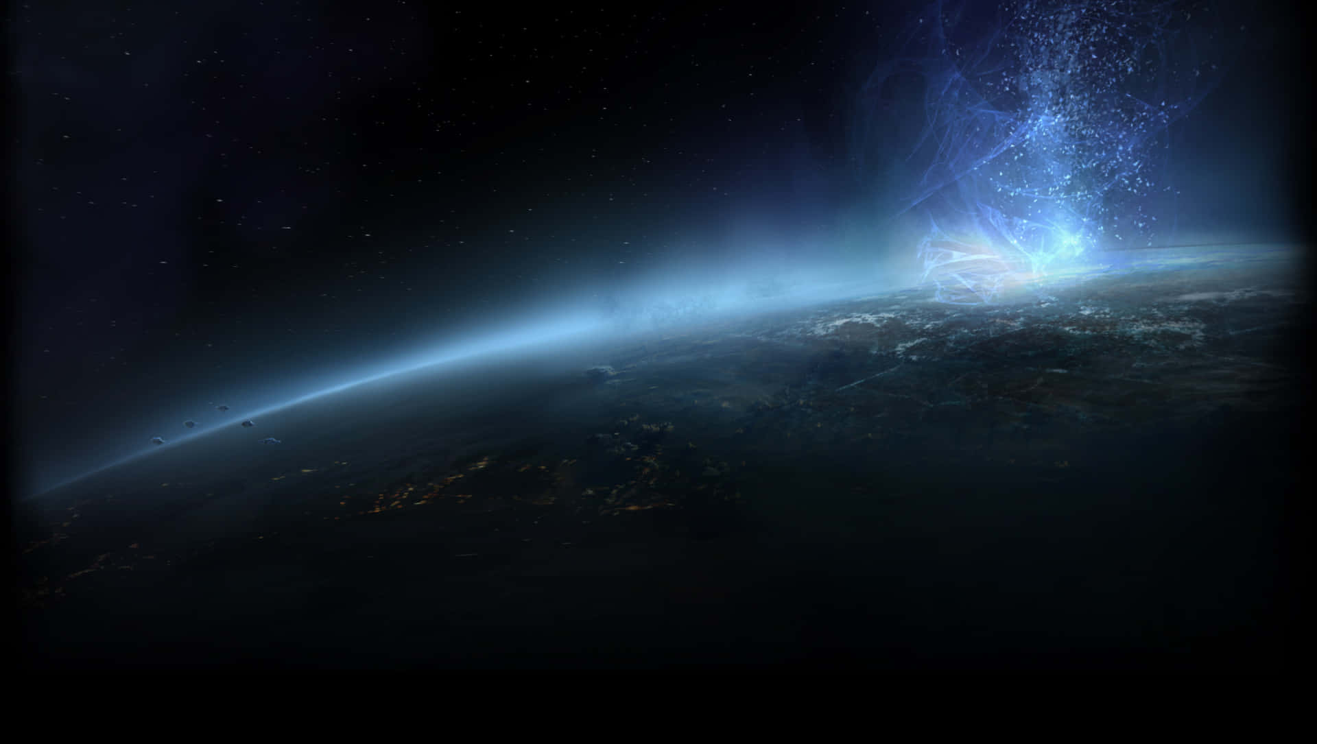 在太空中，藍色能量爆發在黑暗行星的地平線上爆炸。