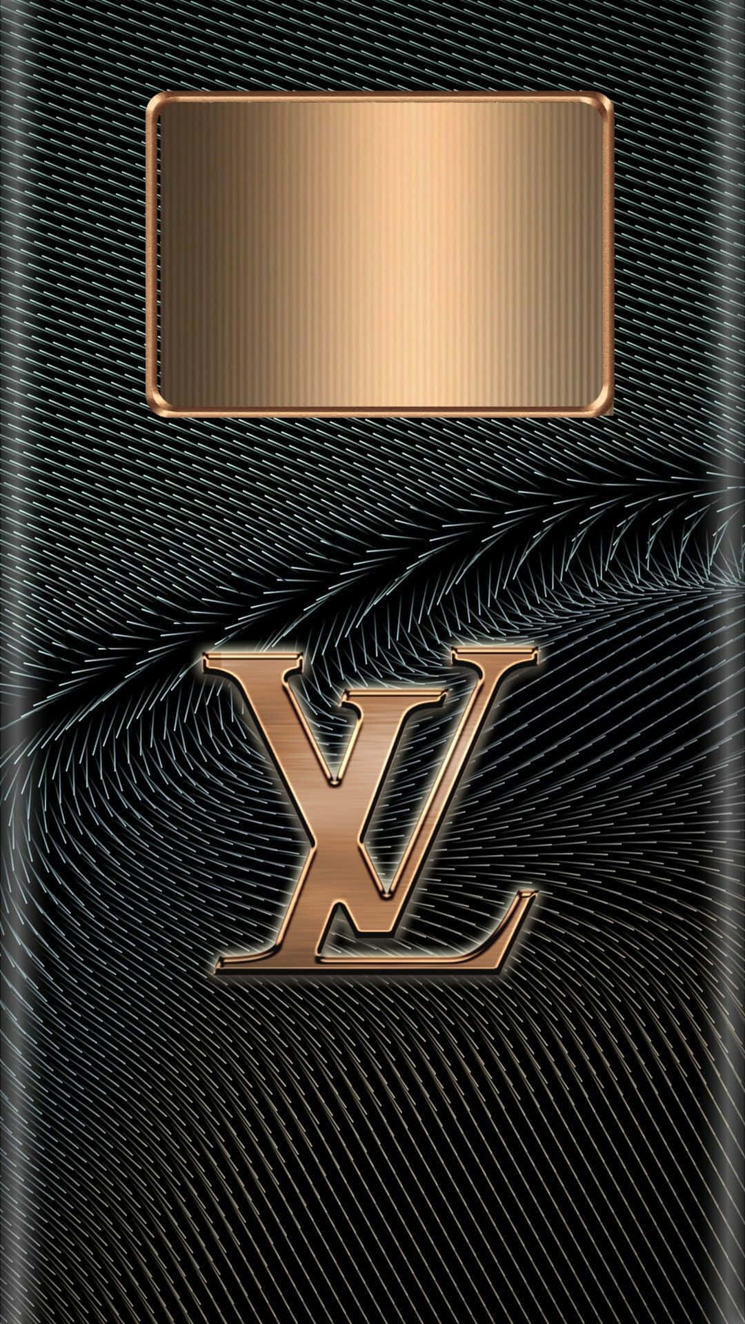金色LV標誌在黑色紋理背景上，搭配時尚金屬質感。