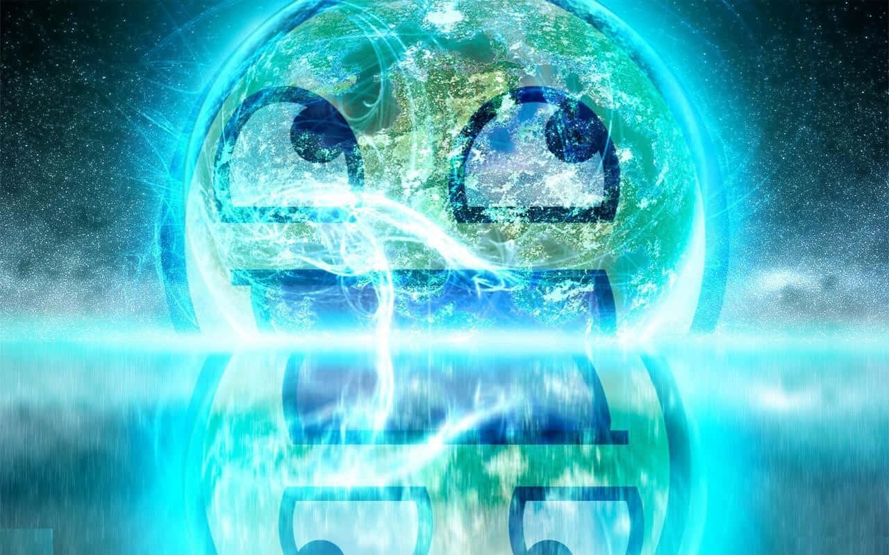 展現你的英雄氣概，戴上這款面具 壁紙 — 一個發光的藍色星球，帶有卡通眼睛和閃電，漂浮在星空下的反射表面上。