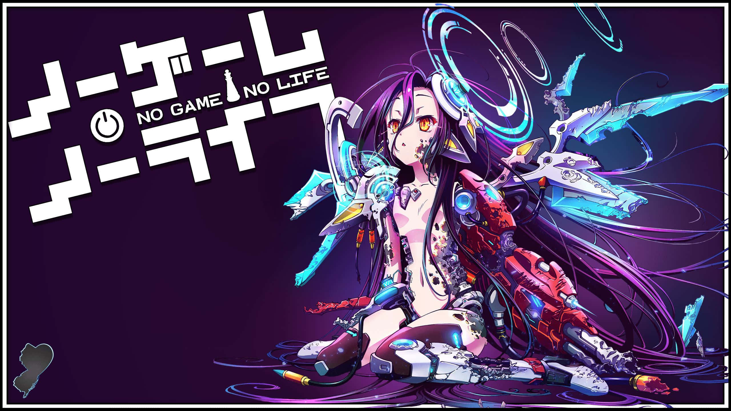 展現你的遊戲技巧！ 壁紙 — 紫髮少女配以發光機械裝置，坐在深紫色背景中漂浮的藍色武器之間。