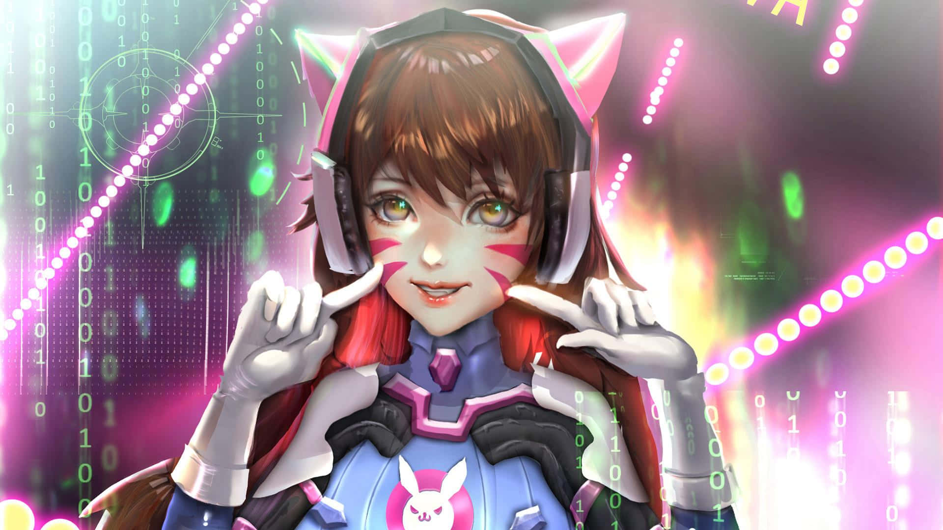 展現你的遊戲本色 壁紙 — 一個開心的動漫女孩，戴著貓耳和發光的綠色眼睛，在充滿二進制代碼和霓虹燈的充滿活力的數位背景前自信地擺姿勢。