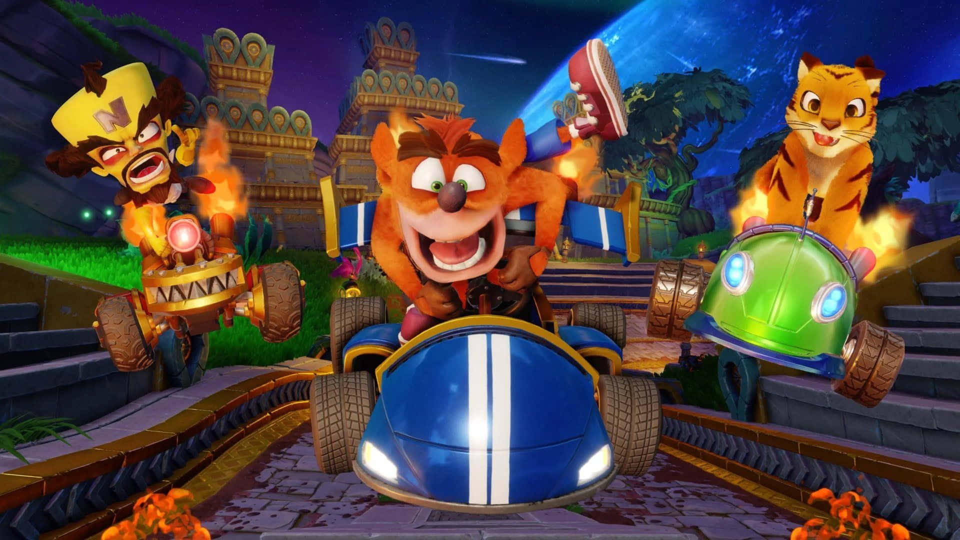 展現你的遊戲風格，拍出完美個人頭像！ 壁紙 — Crash Bandicoot 和朋友們在夜晚色彩繽紛的叢林寺廟中瘋狂地駕駛卡丁車比賽。