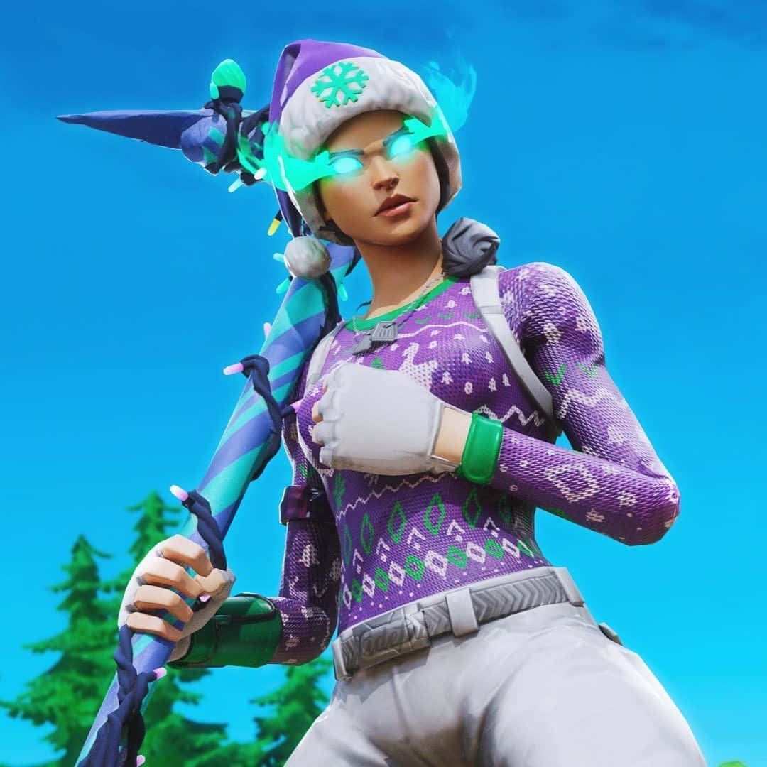 Fortnite角色穿著冬季裝備在藍天下拿著節日斧頭