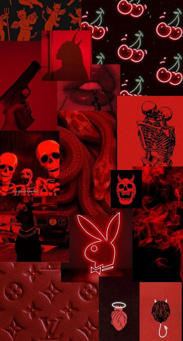 展現你的酷女孩風格 壁紙 — 深紅色拼貼畫，包含骷髏、櫻桃、魔鬼和奢華標誌，營造陰鬱美學。