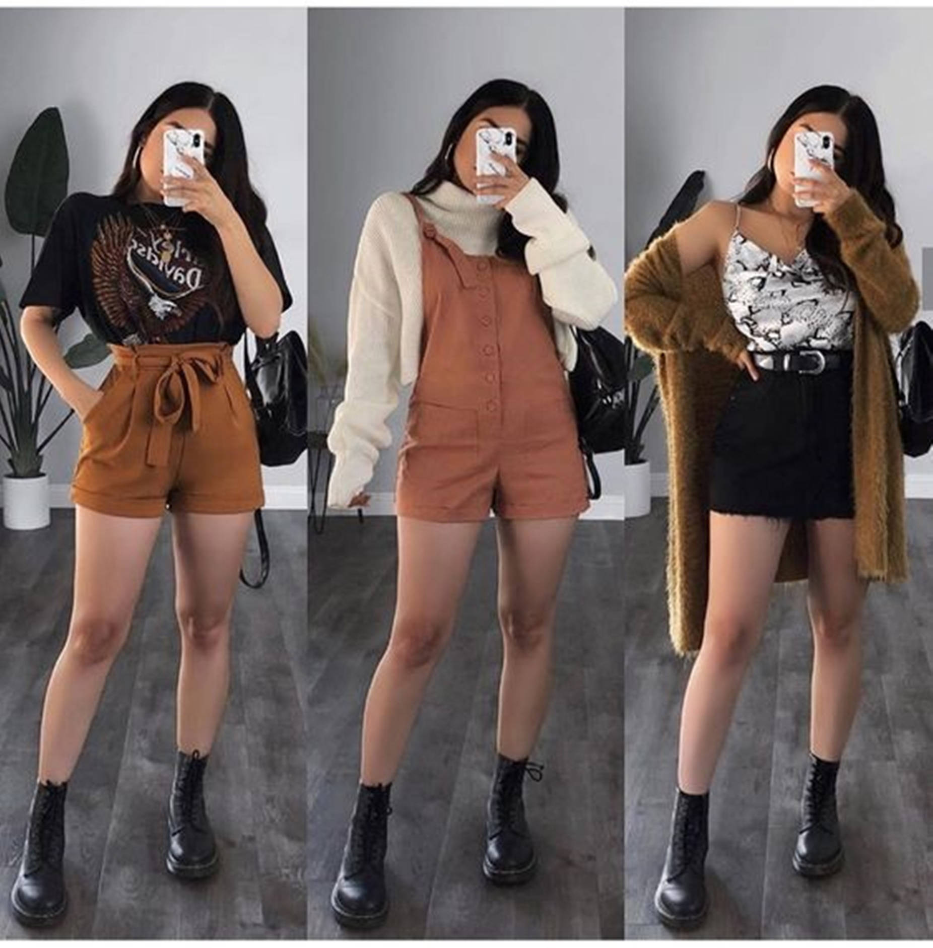 女性在室內穿著三套不同服裝，對著鏡子自拍。