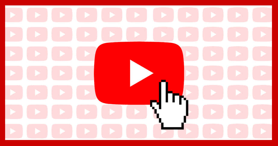 展現創意 壁紙 — 像素手型游標點擊紅色 YouTube 播放按鈕，背景為重複的標誌圖案。
