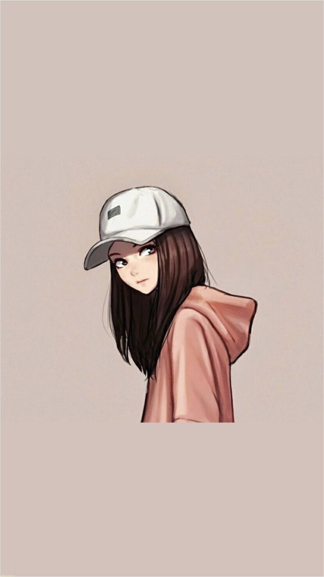 戴白色帽子和粉紅色連帽衫的動漫女孩回頭看