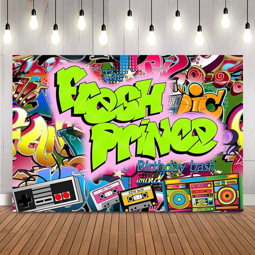 展現嘻哈文化 壁紙 — 充滿活力的復古塗鴉牆，帶有'The Fresh Prince Birthday Bash'文字和復古遊戲音箱卡式錄音帶道具，懸掛燈泡下。