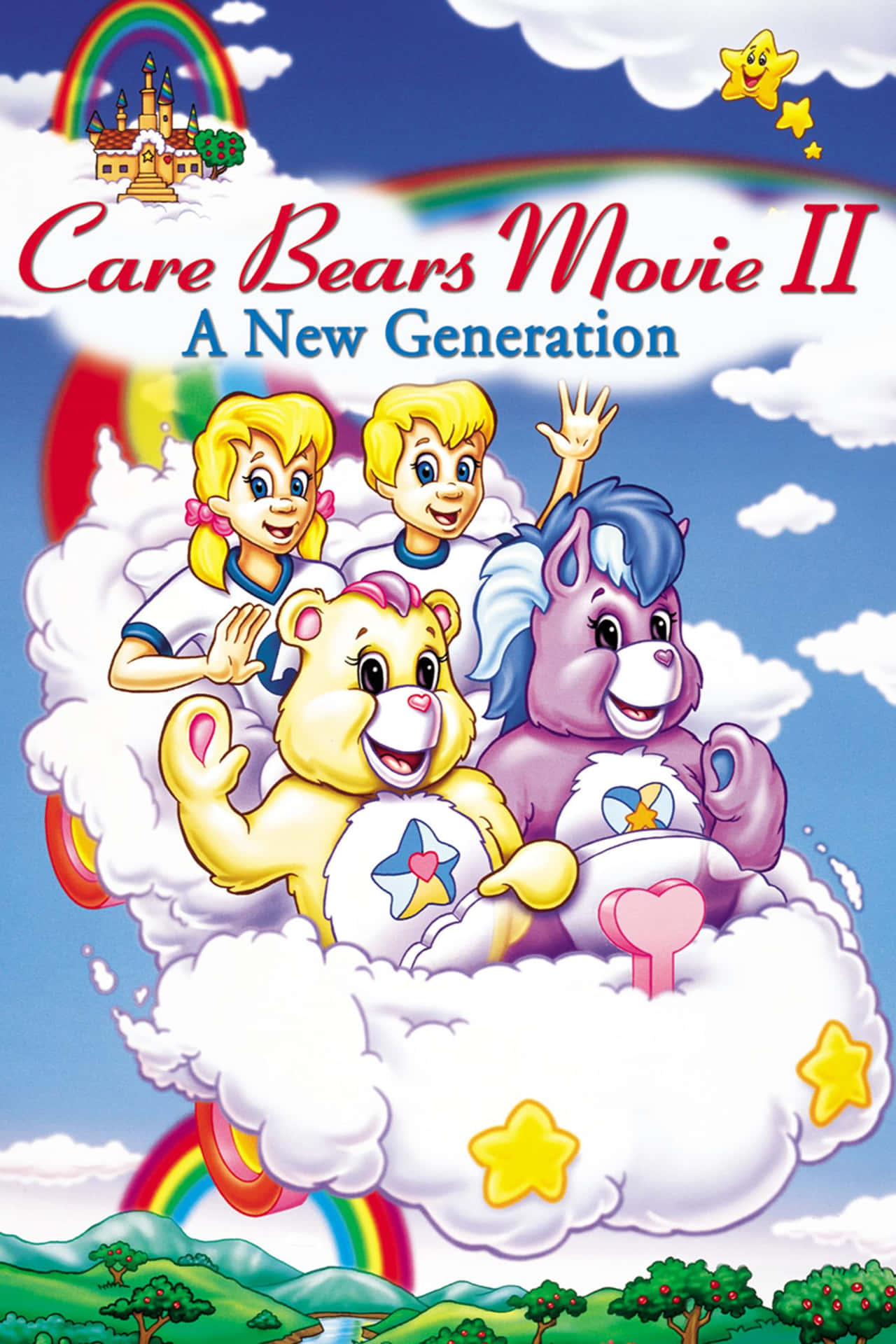 Care Bears和孩子們在帶有彩虹和星星的雲朵上揮手。