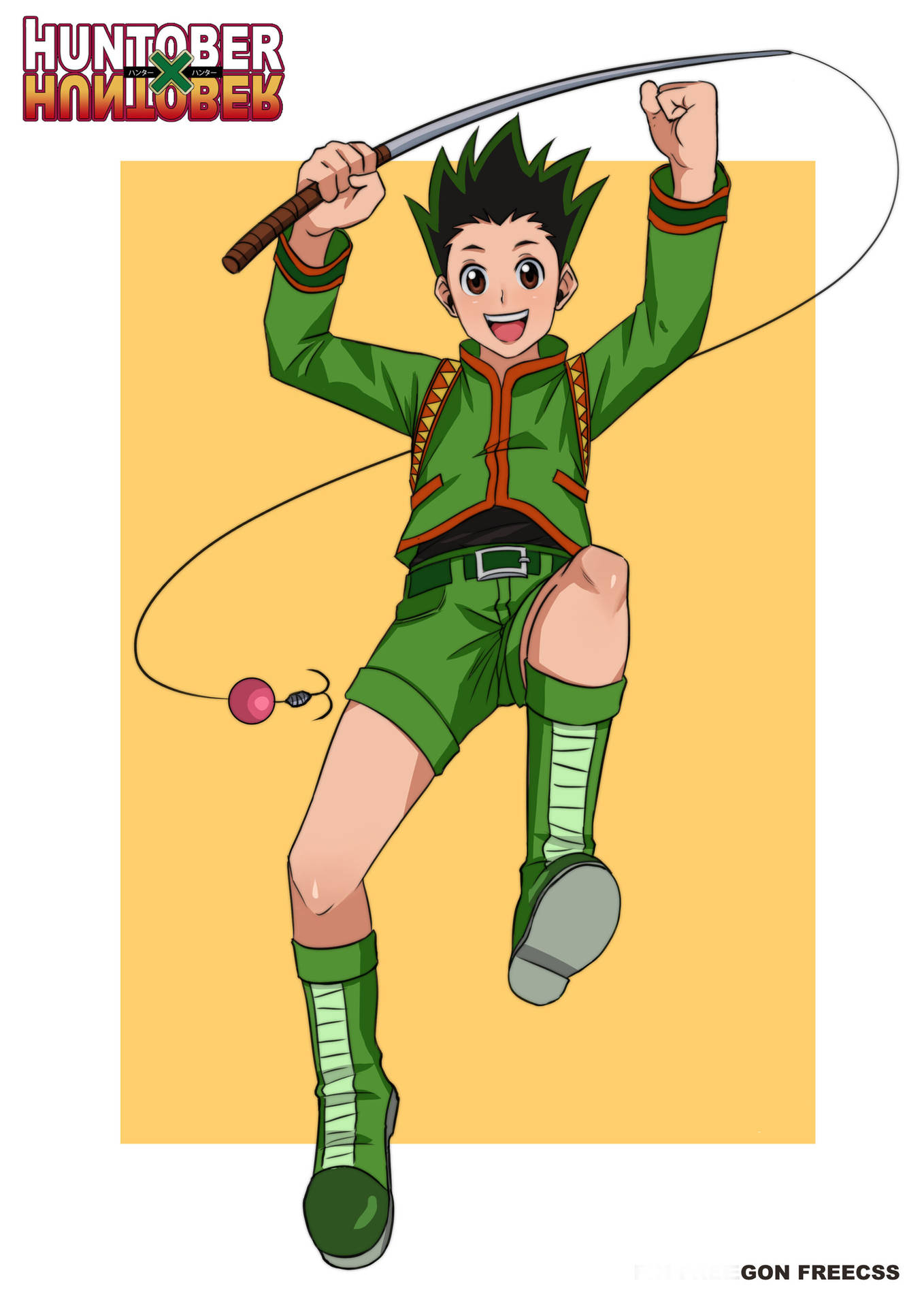 穿著綠色衣服的動畫男孩拿著雙節棍跳躍