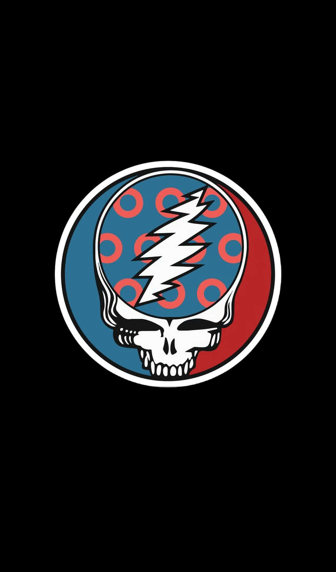 Grateful Dead骷髏標誌，帶有閃電和圓圈，黑色背景