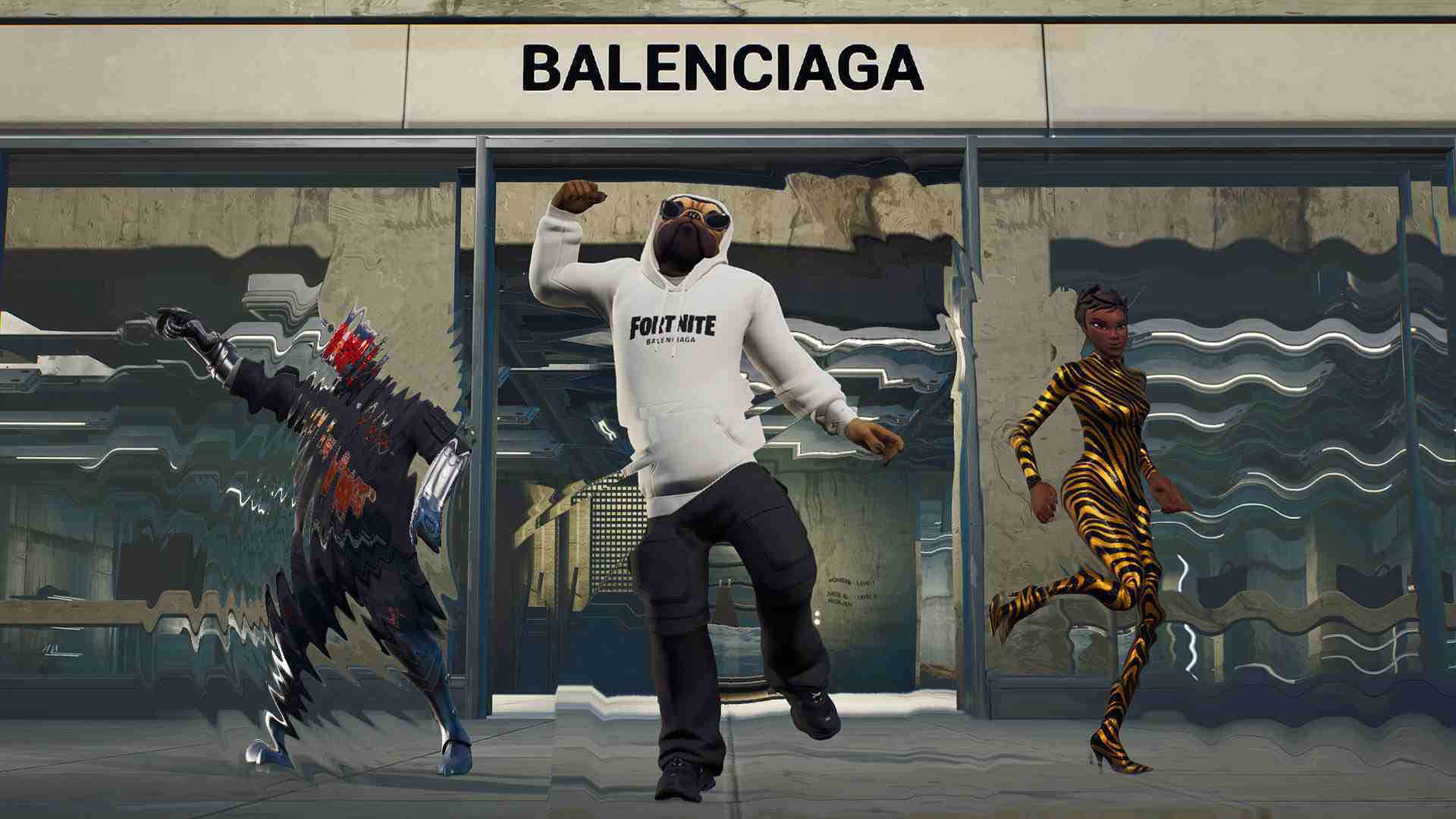 展現時尚與光彩，Balenciaga為您加持 壁紙 — 三個Fortnite角色喺破裂嘅Balenciaga商店前面，帶住扭曲嘅倒影，充滿活力咁跳舞。