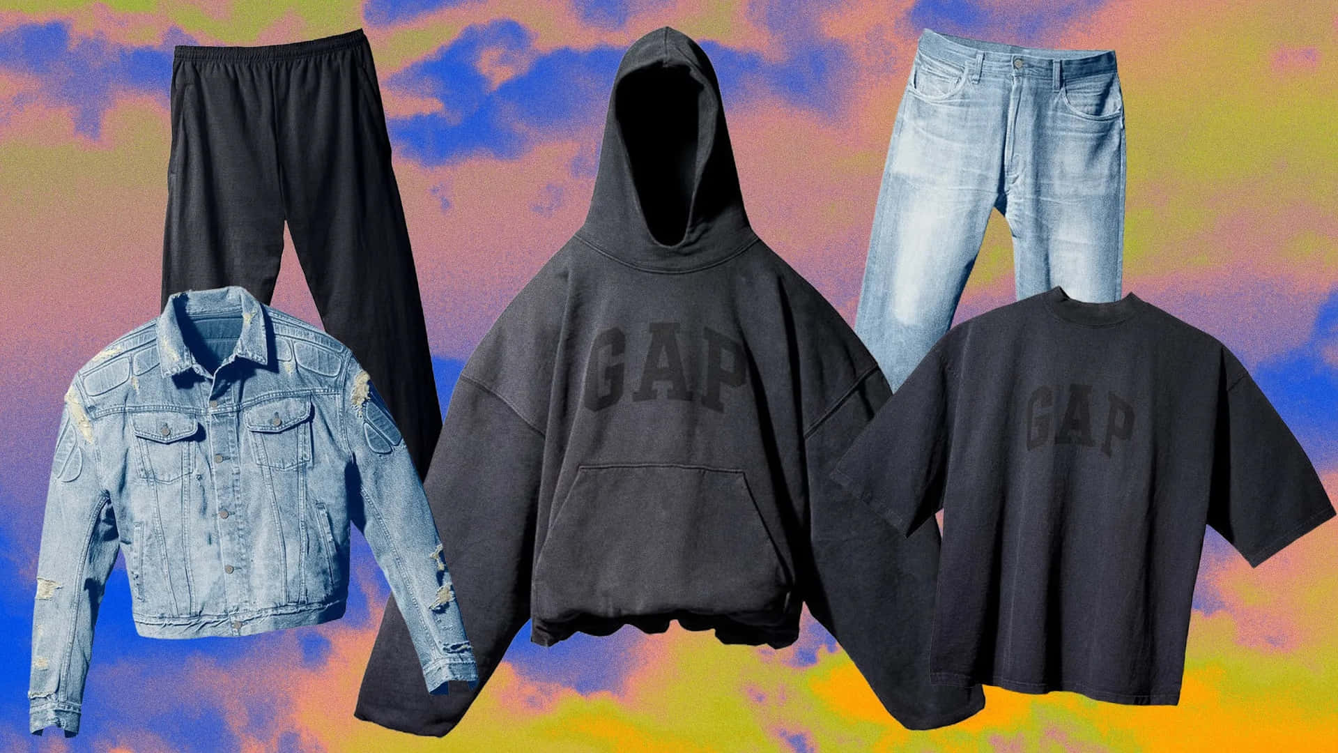 Gap服飾物品漂浮在色彩繽紛的超現實天空背景上。