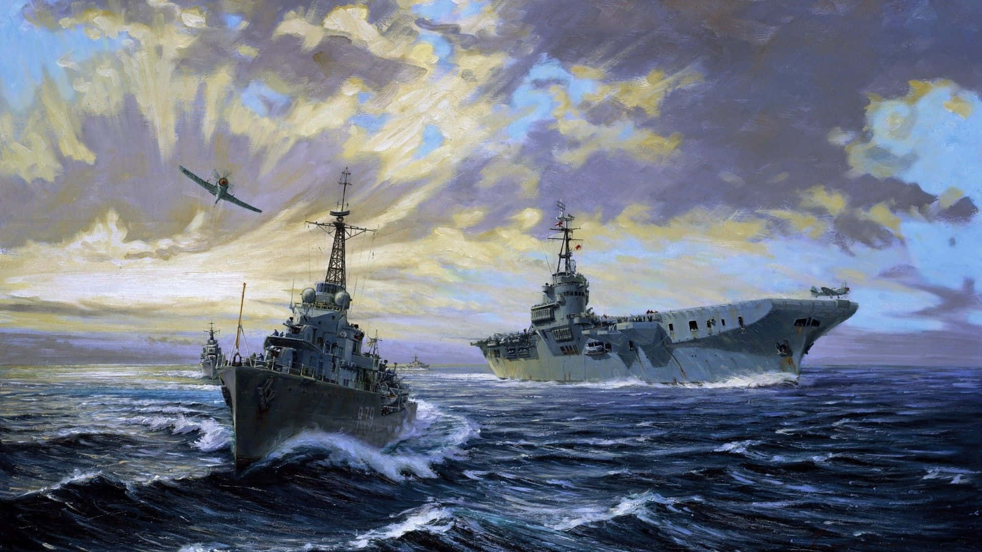 展現美國海軍的強大與威勢 壁紙 — 兩艘軍艦在戲劇性的多雲天空下航行於波濤洶湧的海域，一架戰鬥機從上空飛過。