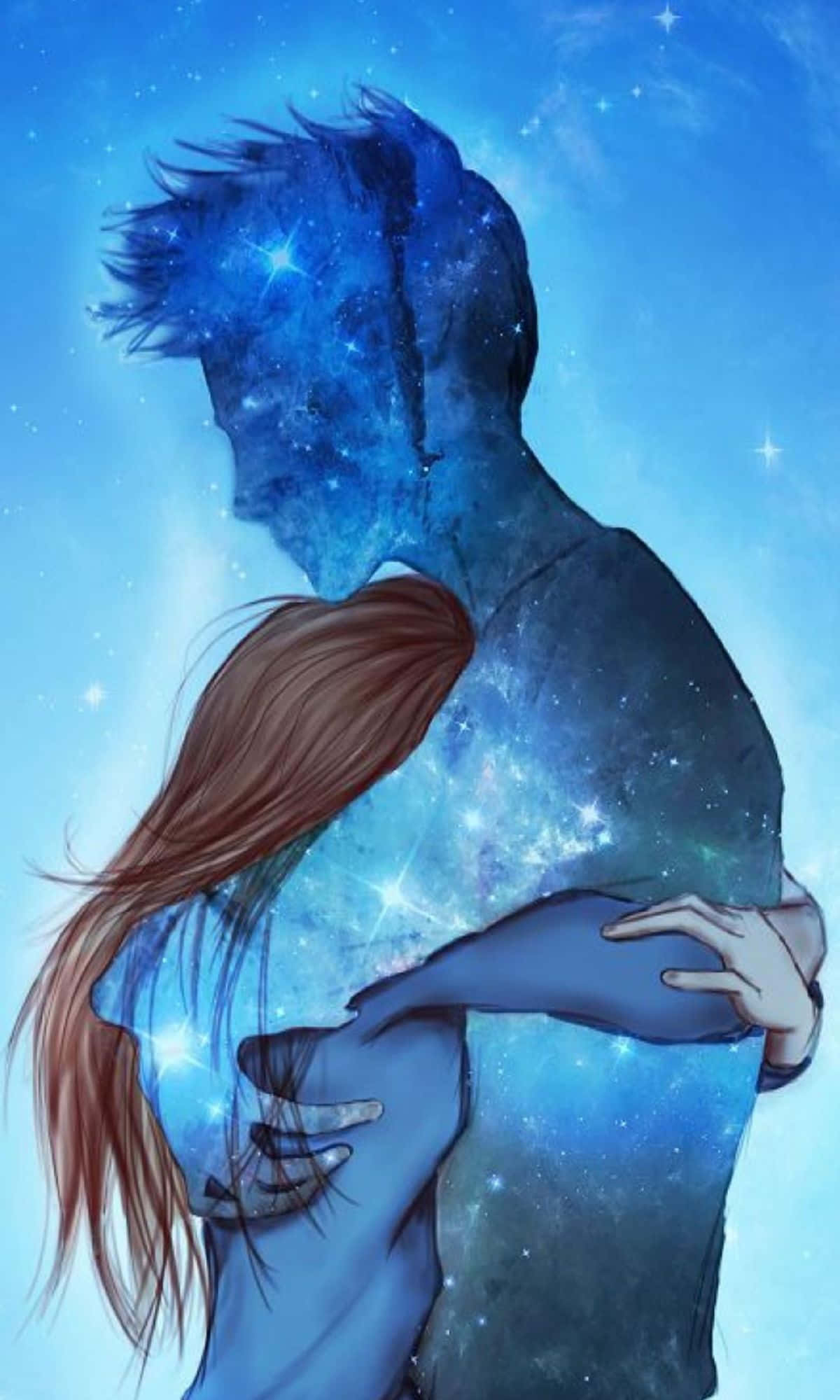 展現自然寧靜之美的美麗海灘 壁紙 — 一對情侶擁抱，他們的身體在繁星點點的藍天下變成旋轉的星系。
