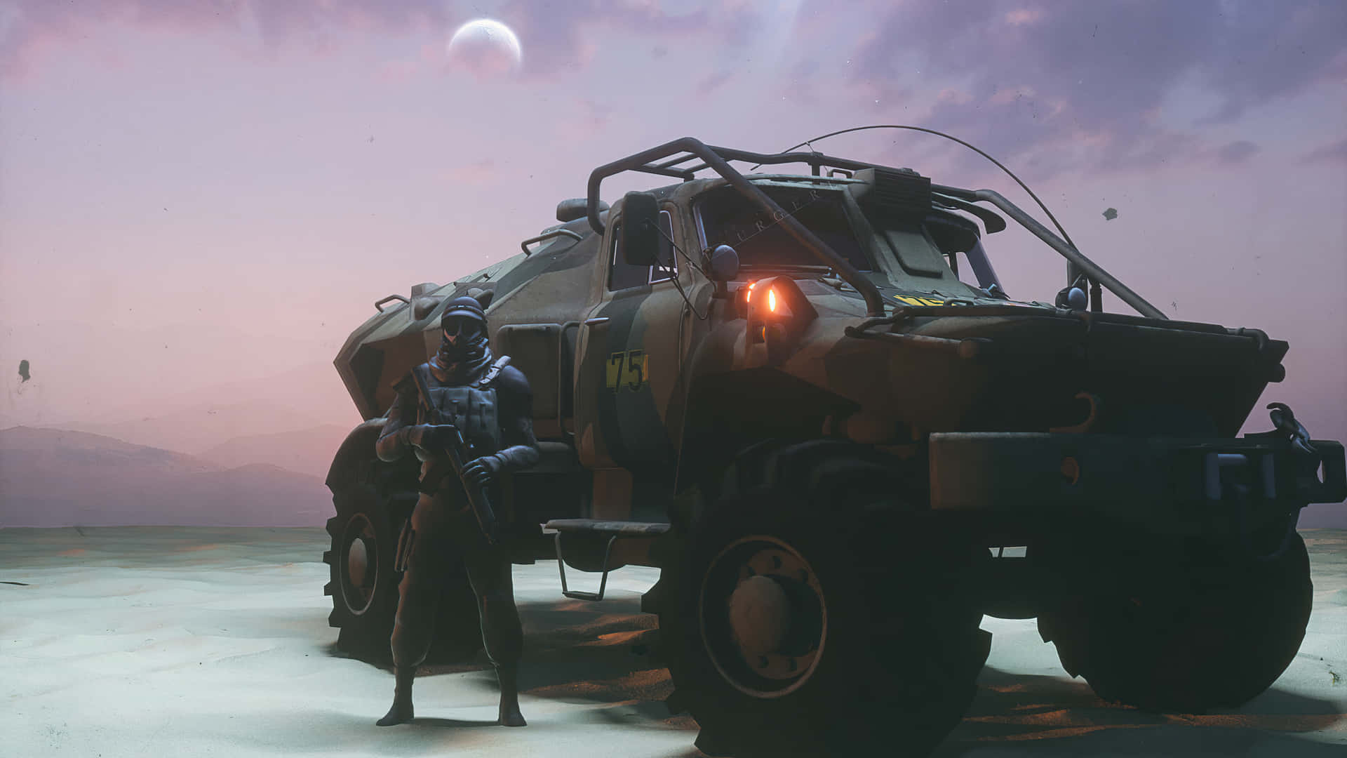 士兵持武器站在裝甲車旁，身處外星沙漠，暮色時分。