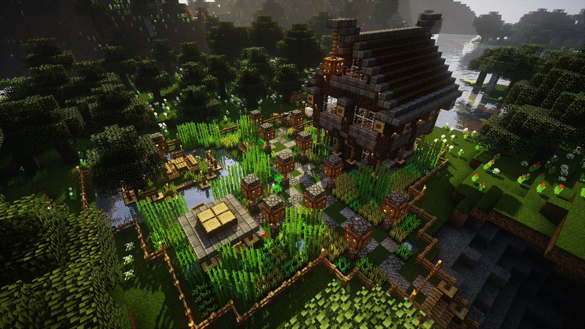 河邊森林中的Minecraft村莊，有木屋和農場。