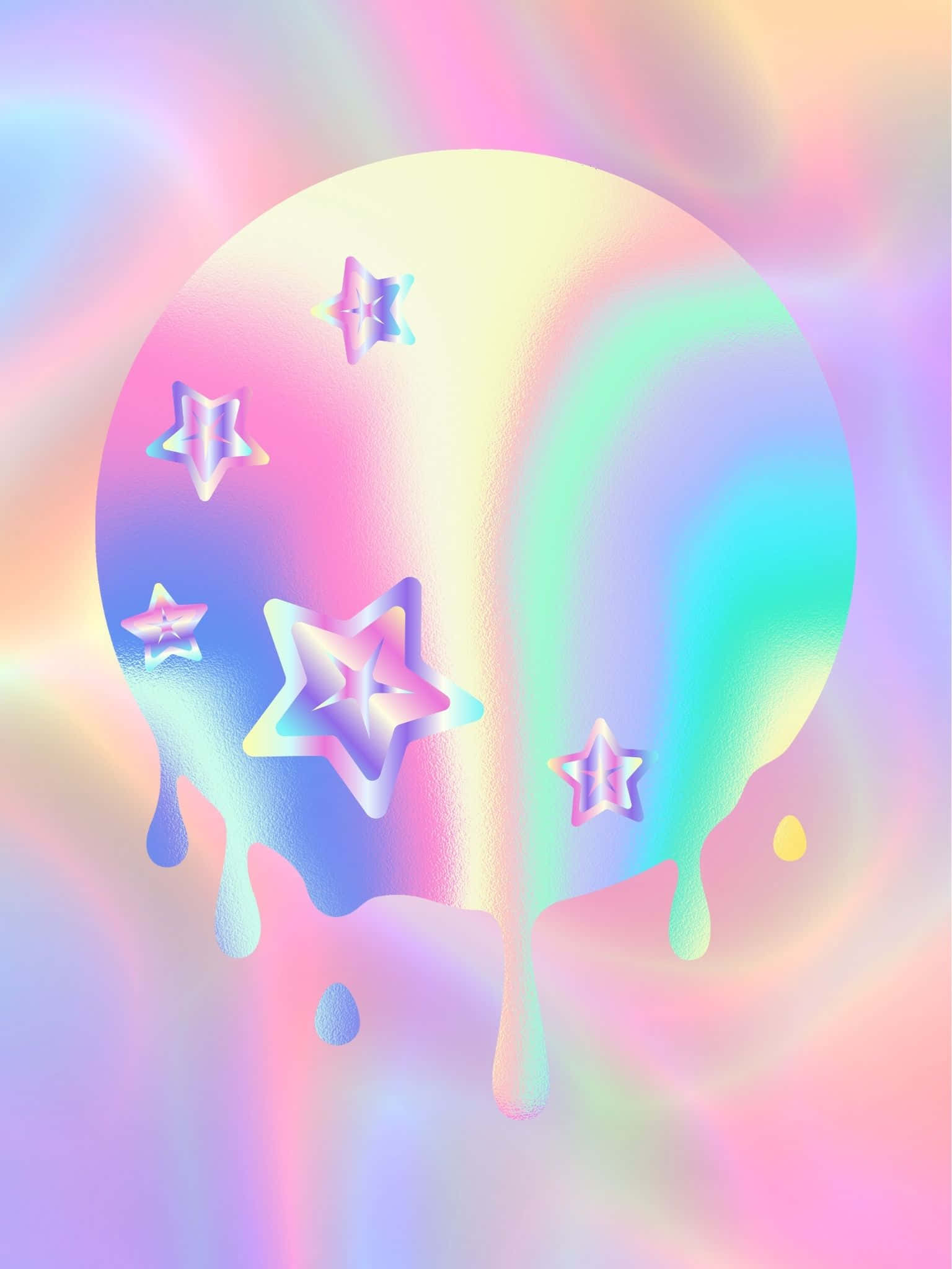 展現酷感，感受自信 壁紙 — 發光的全息月亮滴落著彩虹色顏料，閃爍的星星在它周圍漂浮，背景是柔和漸變色。