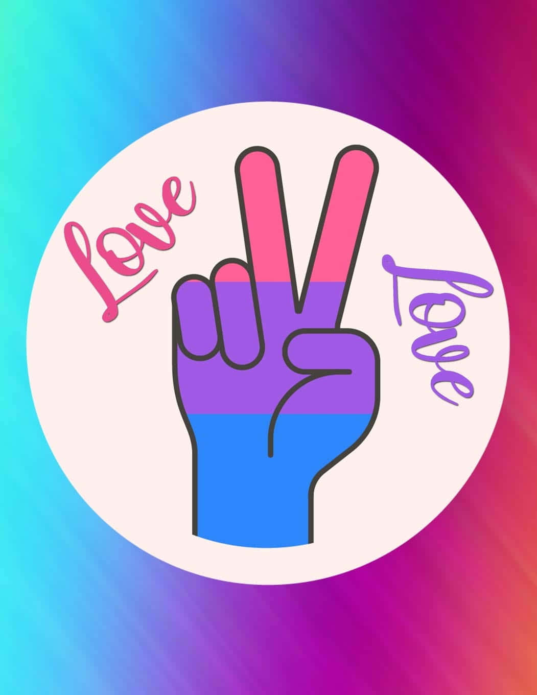 一隻做出和平手勢的手，帶有雙性戀驕傲色彩，並有草書寫成的love字樣。