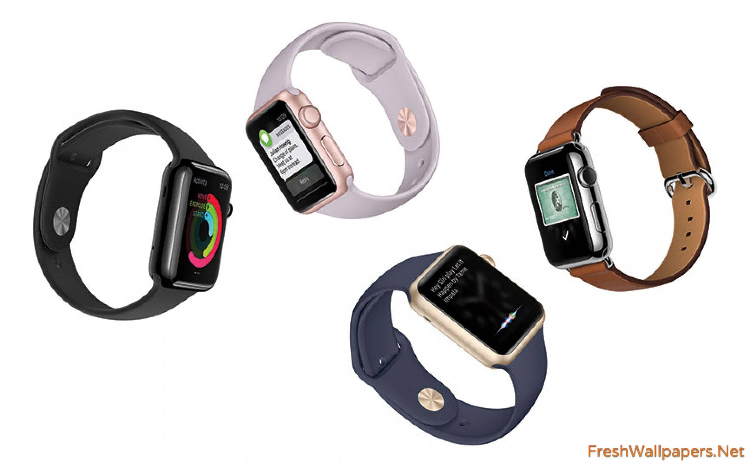 展現魅力的 Apple Watch 壁紙 — 四款Apple Watch配備不同錶帶和彩色顯示屏，展示在潔淨的白色背景上。
