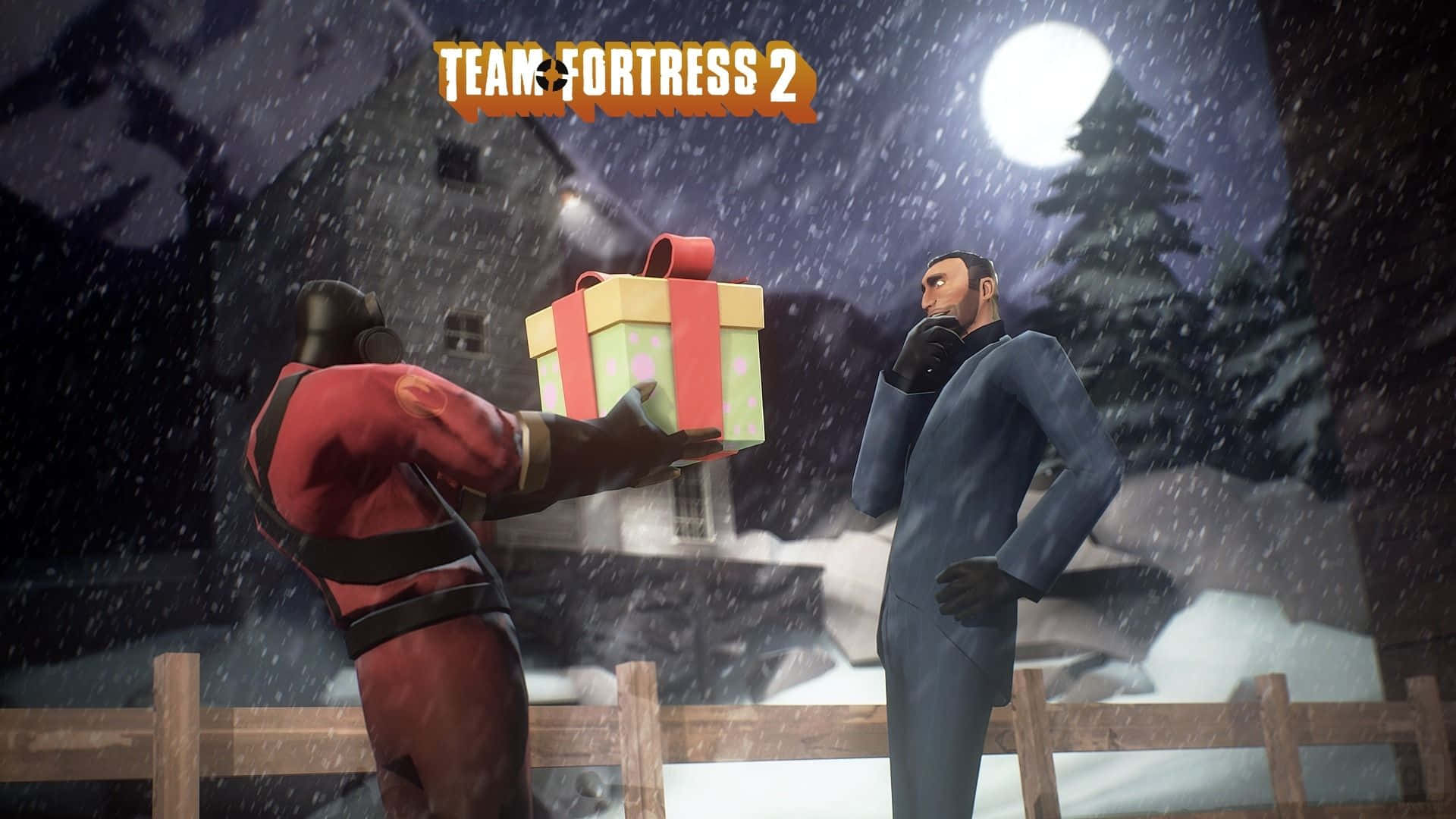 紅色套裝角色在 Team Fortress 2 的雪夜場景中向藍色套裝男子贈送禮物。