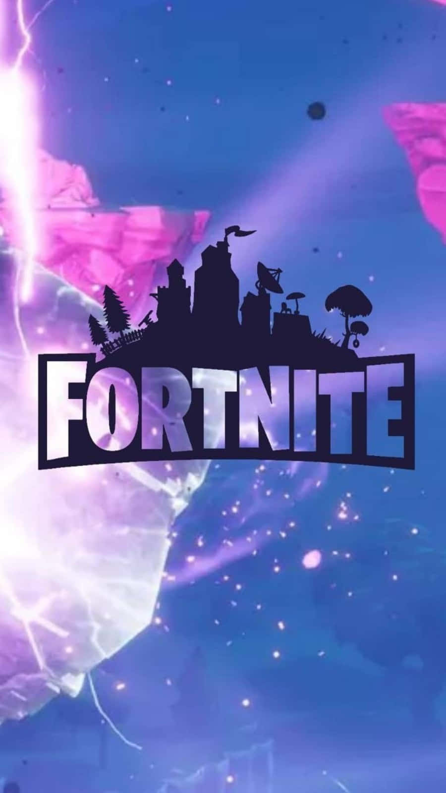 展示你的《Fortnite》酷炫標誌！ 壁紙 — Fortnite 標誌以粗體白色字母配黑色輪廓，背景為宇宙紫色藍色，有浮島和閃電效果。