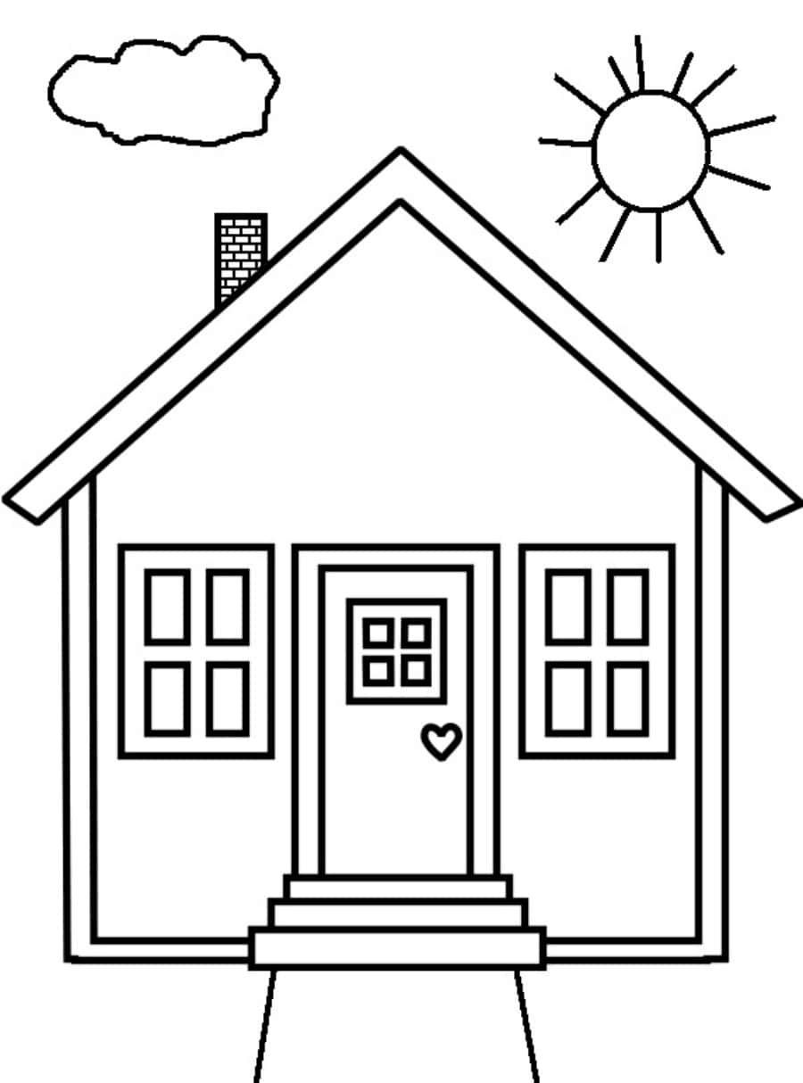 展示家庭住宅的塗鴉書頁 壁紙 — 一個簡單的黑白線條畫，描繪一間舒適的房子，門上有一顆心，在陽光明媚的天空下有一朵雲。