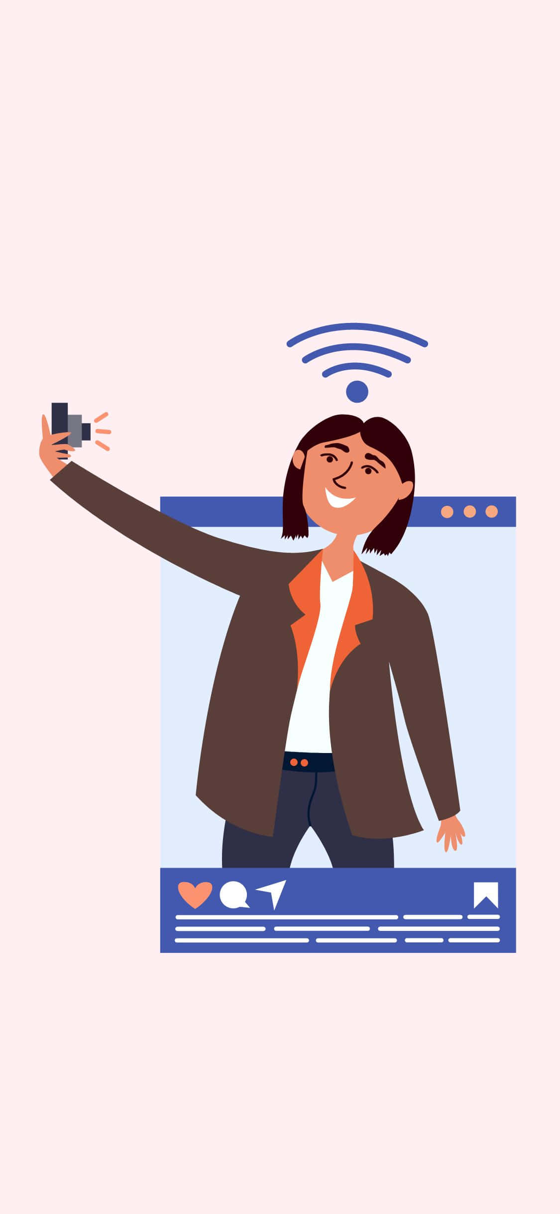 展示您的新款 iPhone X with Social 壁紙 — 一位開心的女士在社交媒體帖子框架內自拍，頭頂有Wi-Fi信號圖標。