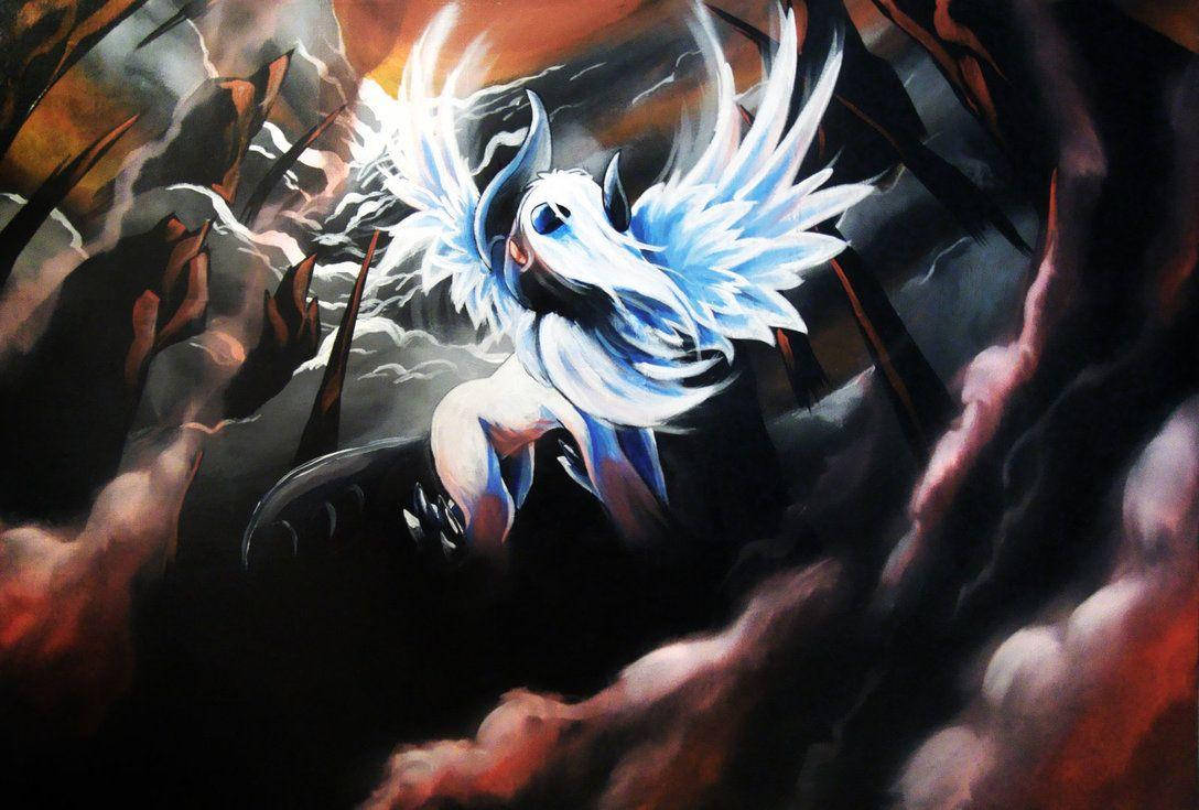 一隻發光嘅白色有翼生物飛過黑暗嘅暴風雲，背景係火橙色嘅天空。