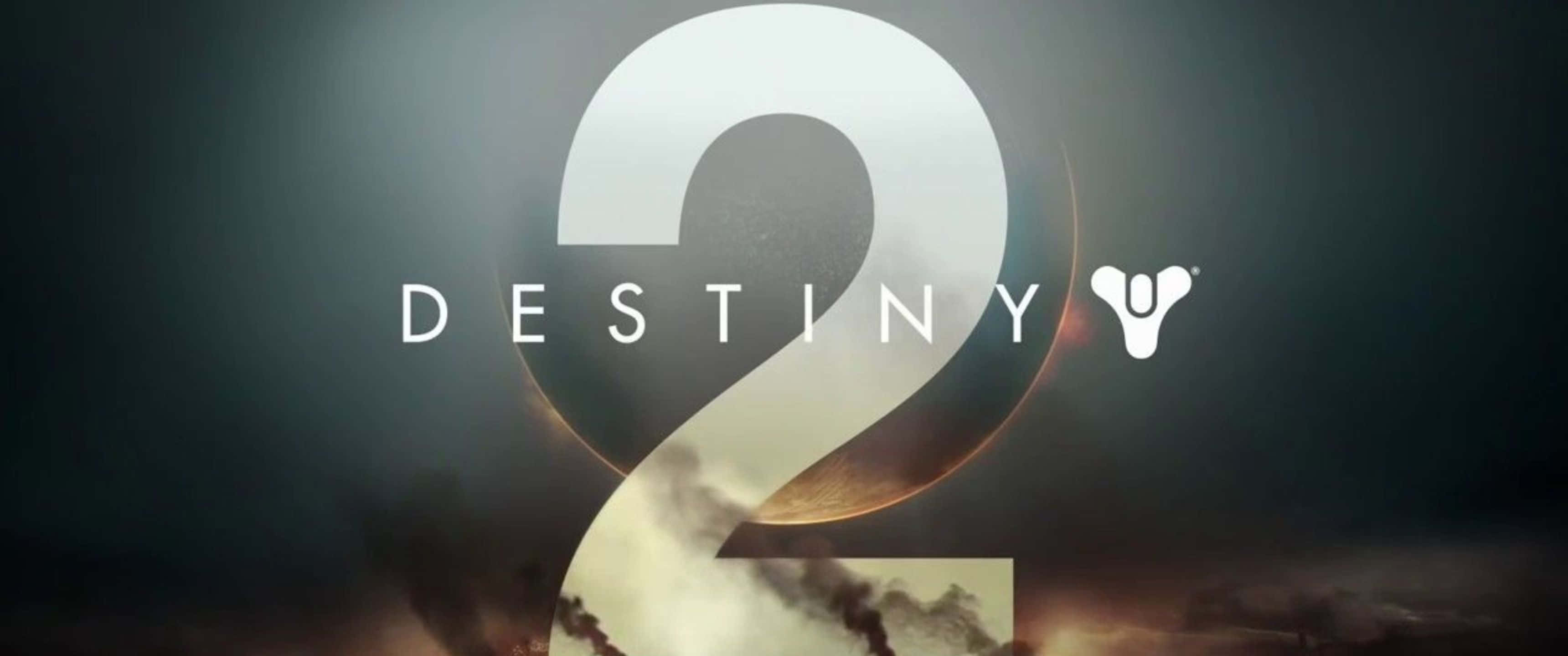 展開一場宏大的冒險 壁紙 — 一個發光的大數字二，帶有 destiny 字樣和標誌，背景是黑暗煙霧瀰漫的宇宙。