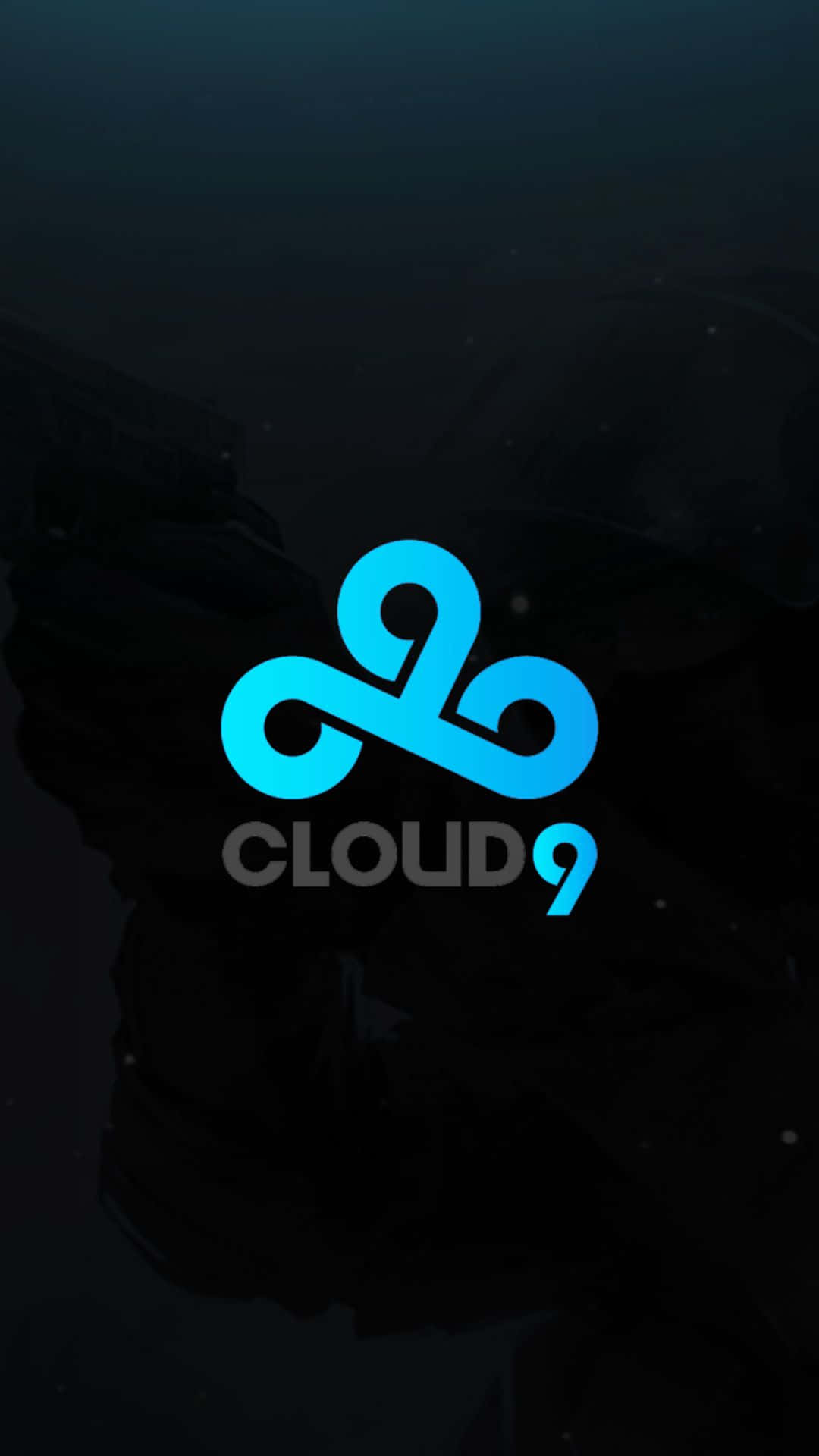 發光藍色Cloud9標誌在深色抽象背景上，帶有粒子效果。
