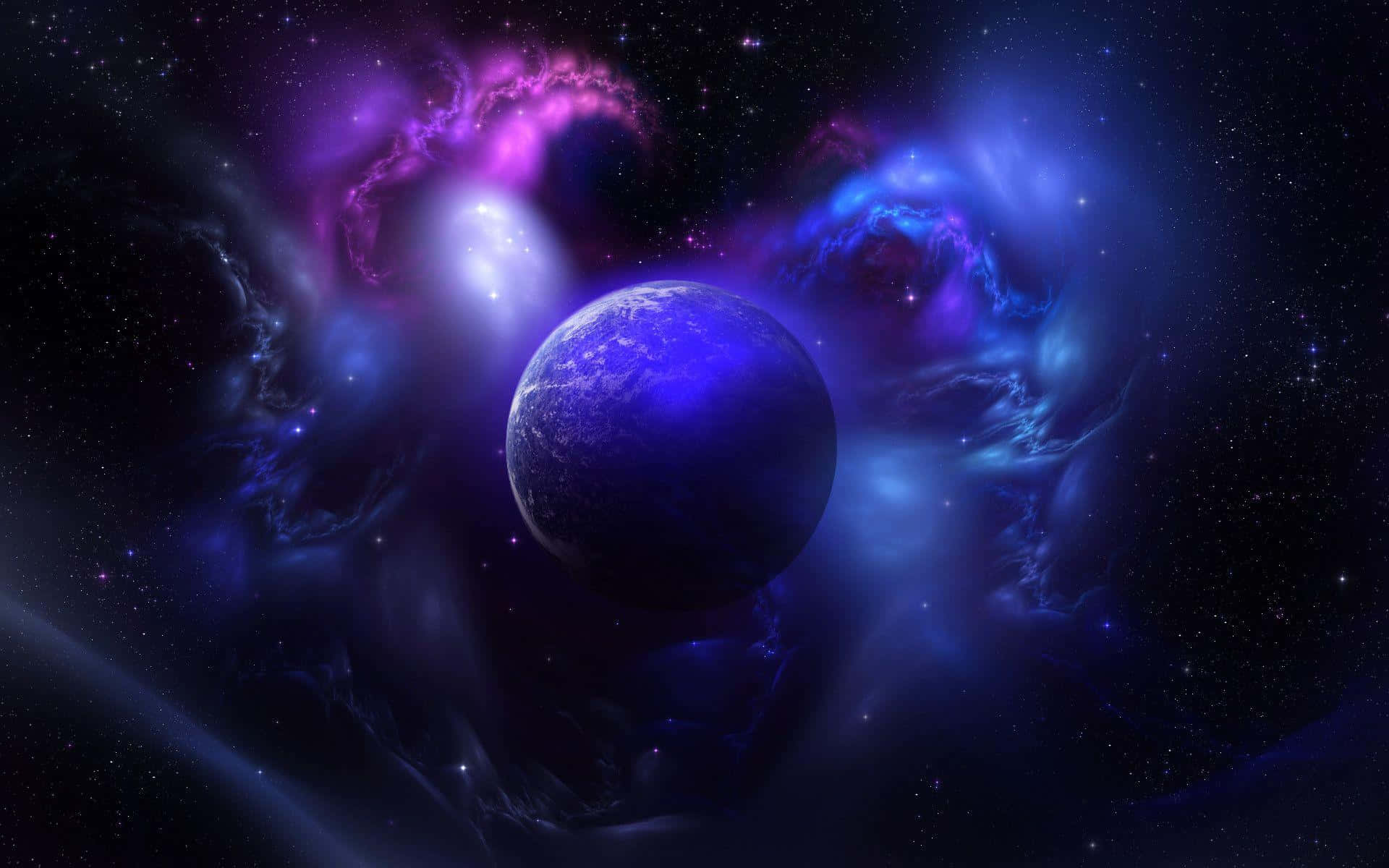 一顆藍色行星被深空中發光的紫色和藍色星雲環繞。