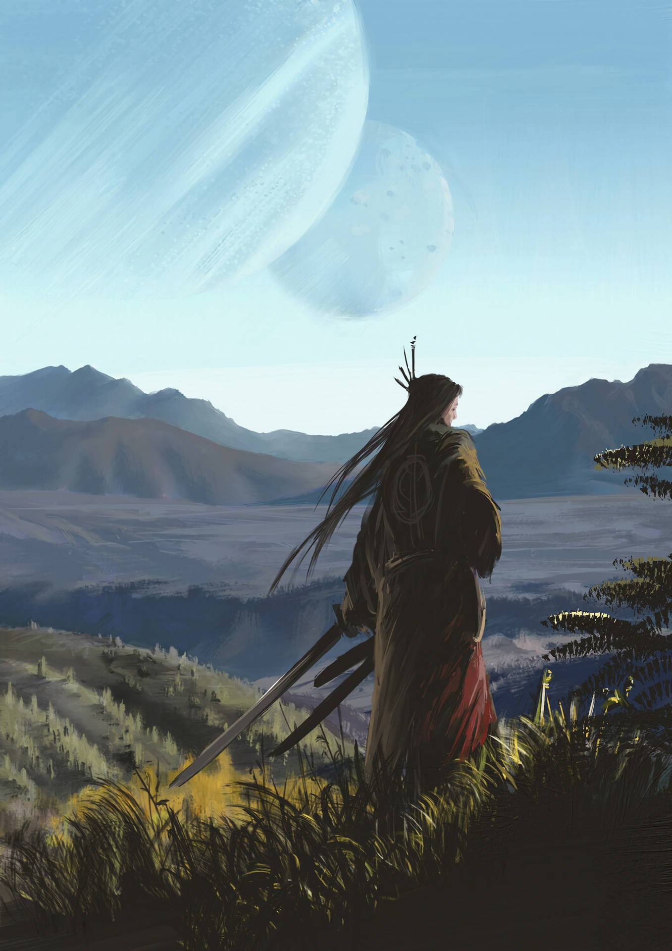 一個持劍的戰士在黃昏時凝視著山區山谷上空的兩個月亮。