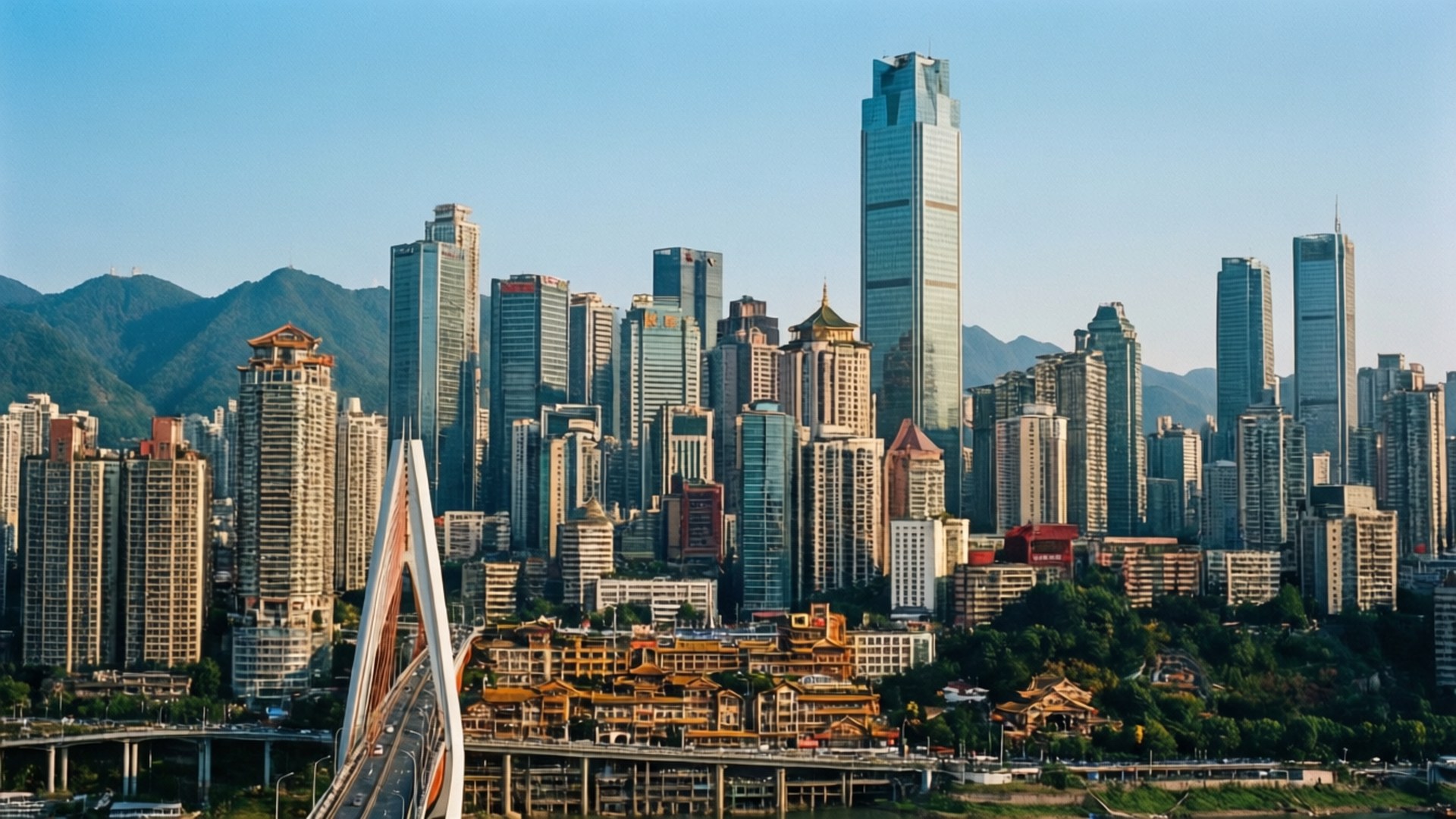 一個現代城市，高樓大廈和橋樑，以綠山為背景，在藍天下。
