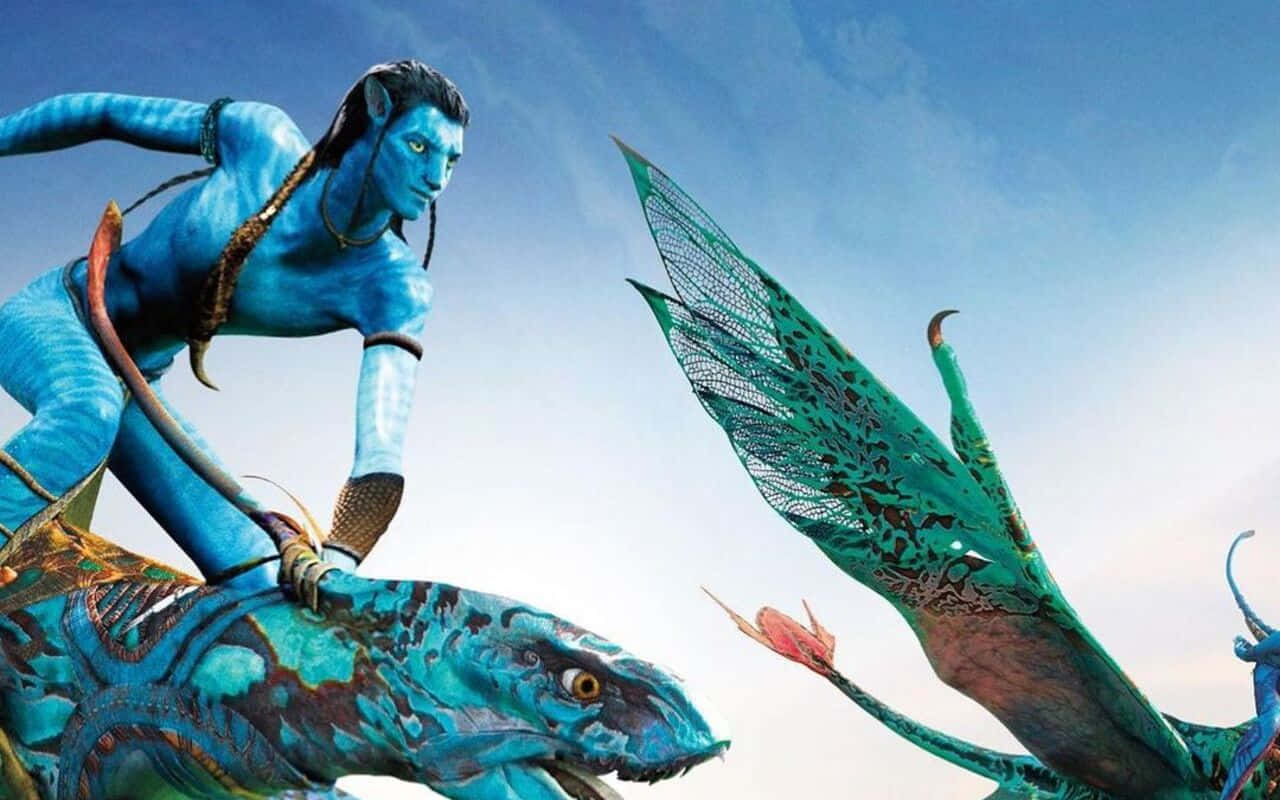納美戰士騎著 banshee，天空中有另一隻飛行生物。