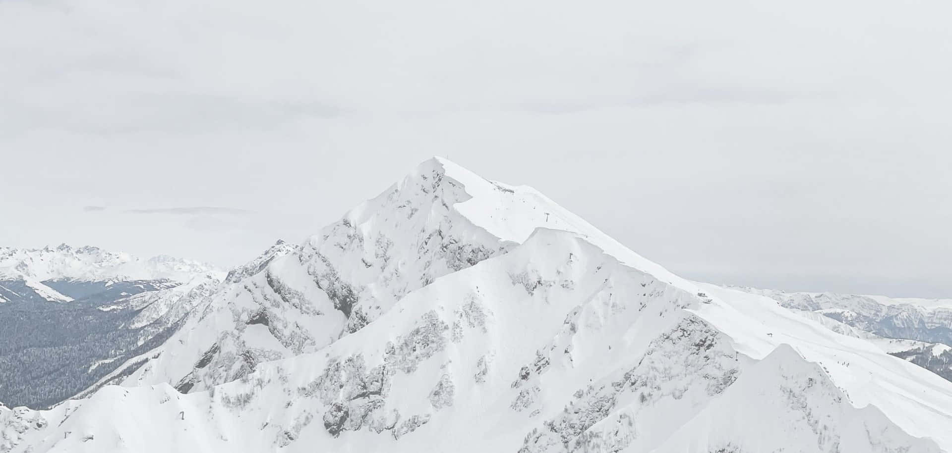 陰天下白雪覆蓋的山脈，下方是森林覆蓋的山谷