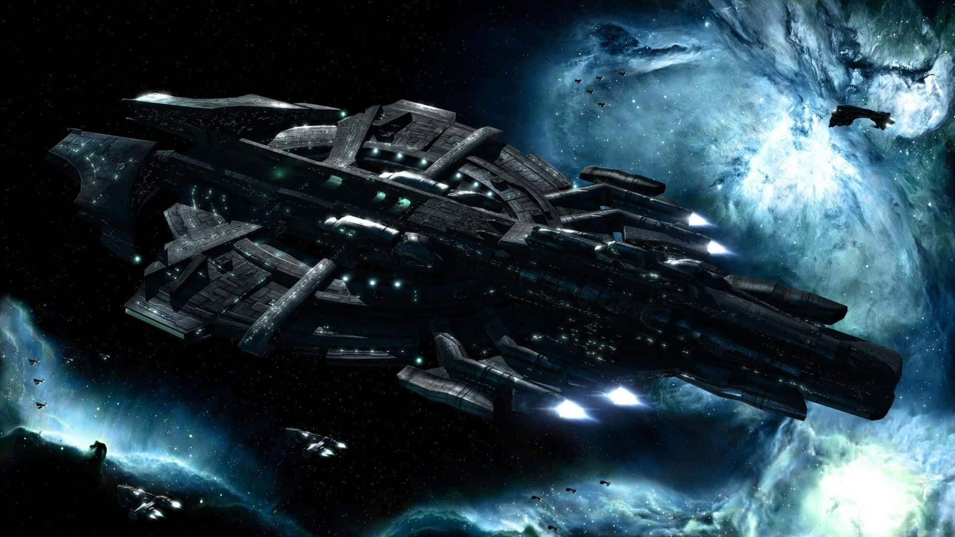 未來太空船在深空中飛過發光的藍色星雲。