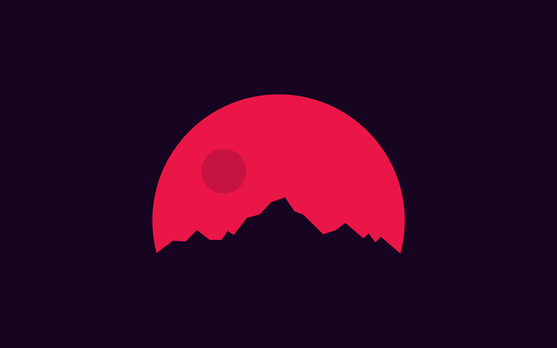 紅日落在山脈剪影後面，紫色背景。