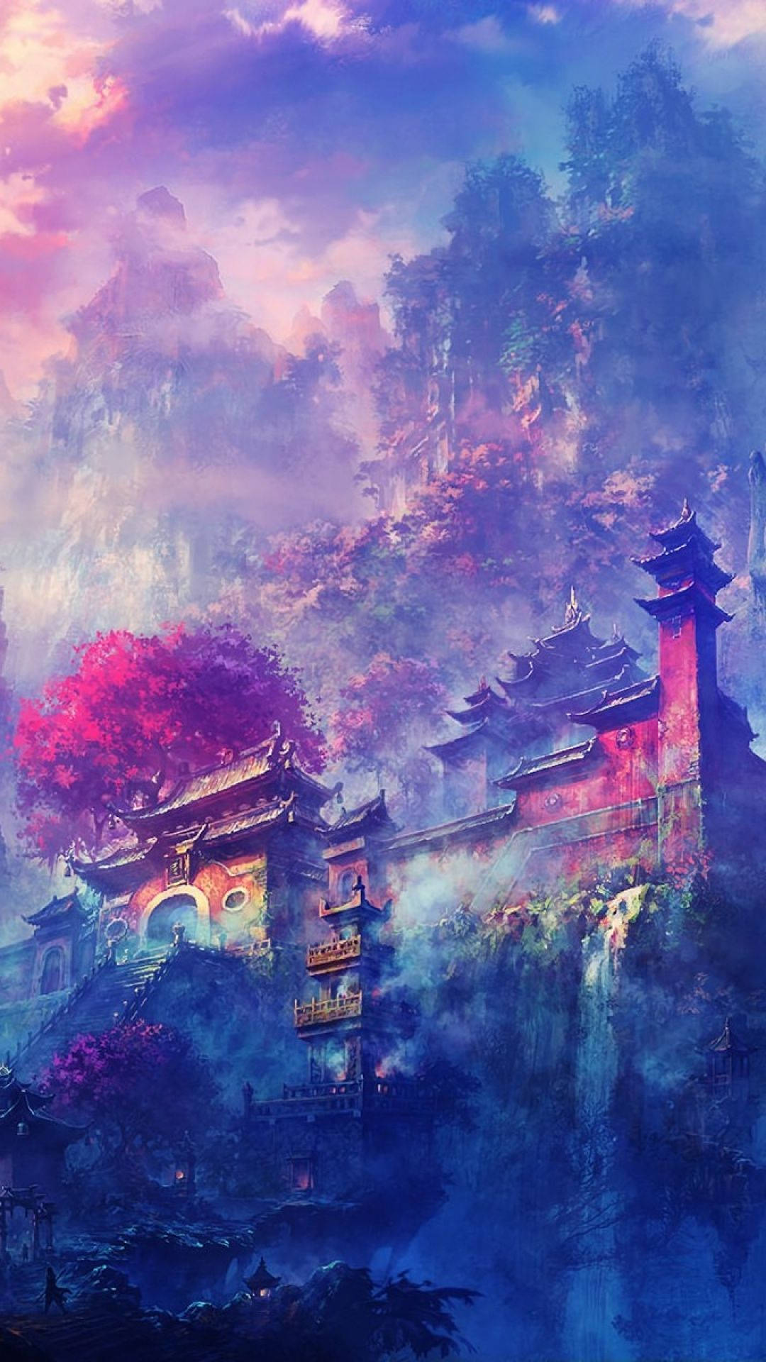 「山巒間的神祕建築」 壁紙 — 一個神秘的山寺建築群依附在懸崖上，下方是夢幻般的暮色天空，塗上粉紅、紫色和藍色調。