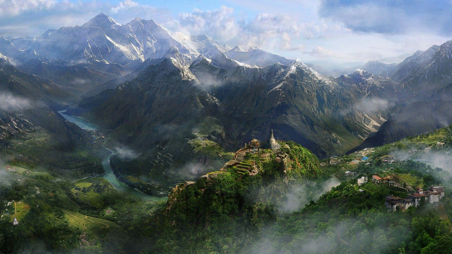 山巒風景，中間有座城堡 壁紙