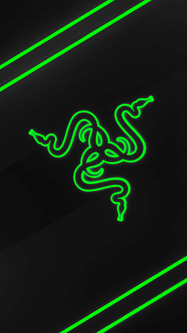 黑色背景上帶有對角螢光線條的發光綠色 Razer 標誌。