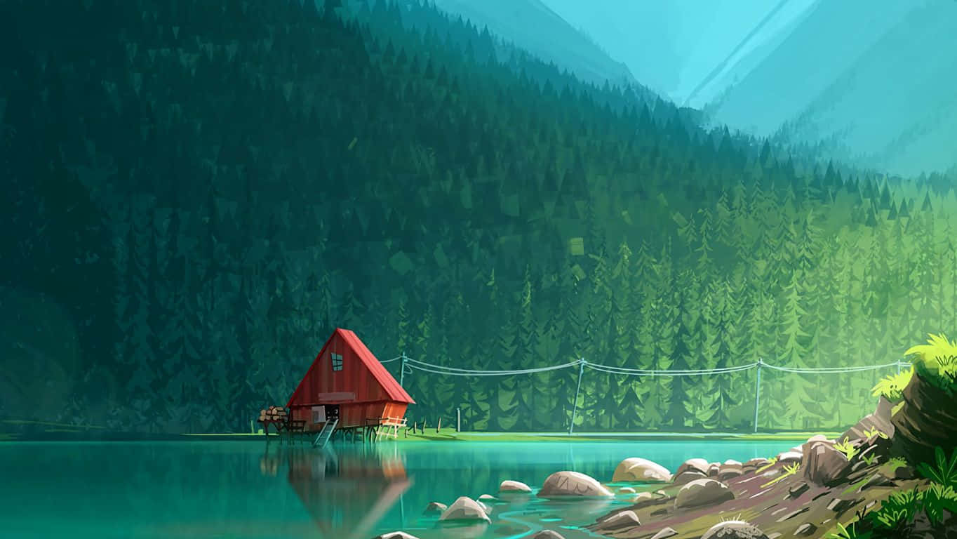 湖上高腳紅色小屋，背景有森林和山脈
