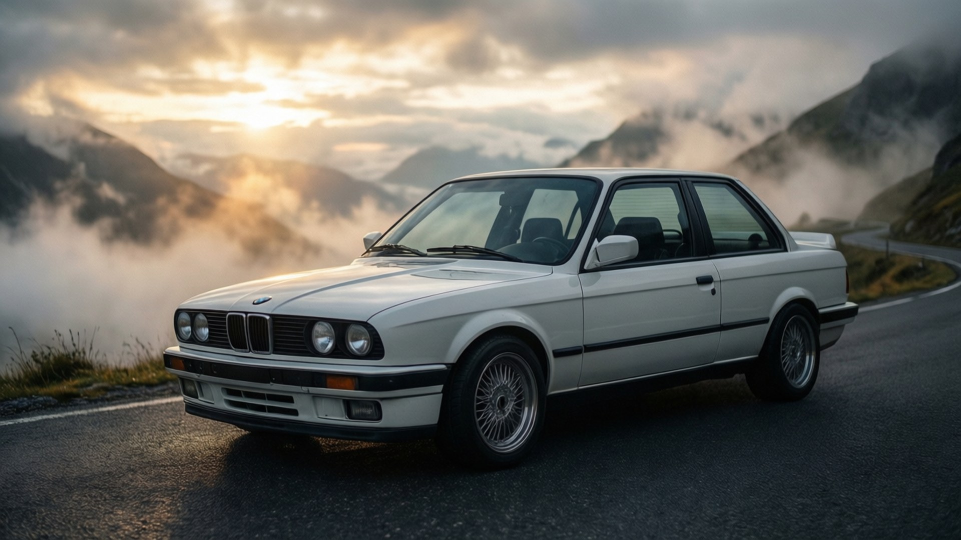 白色BMW 3系在山路上日出時分，背景有霧氣繚繞的山峰。
