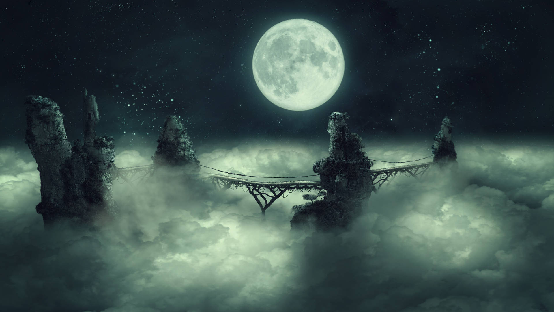 滿月下，岩石柱之間懸掛在雲層上的橋樑。