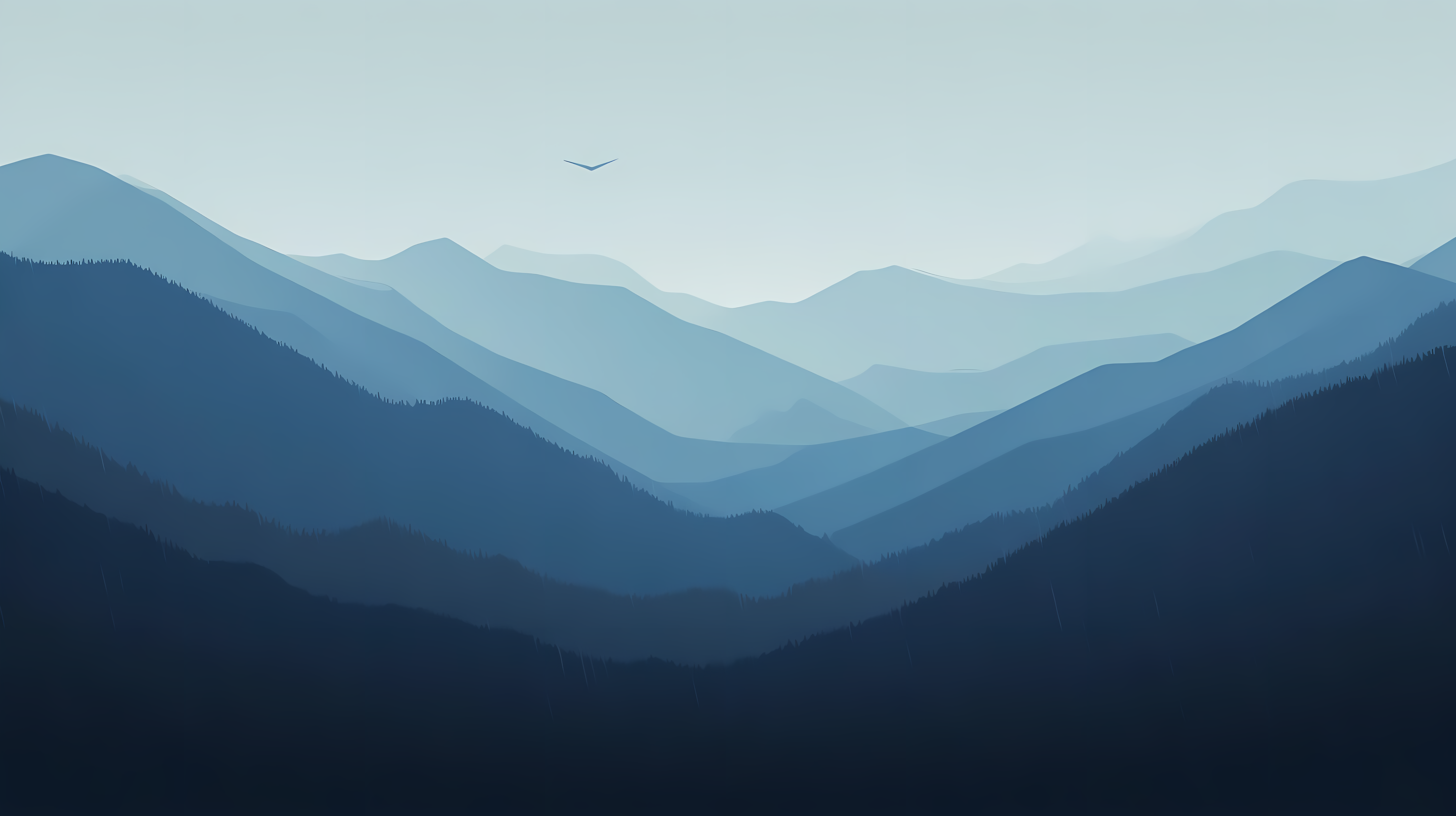 山景 壁紙 — 層層疊疊的山脈在蒼白的天空下逐漸融入迷濛的藍色，一隻孤鳥在上空翱翔。