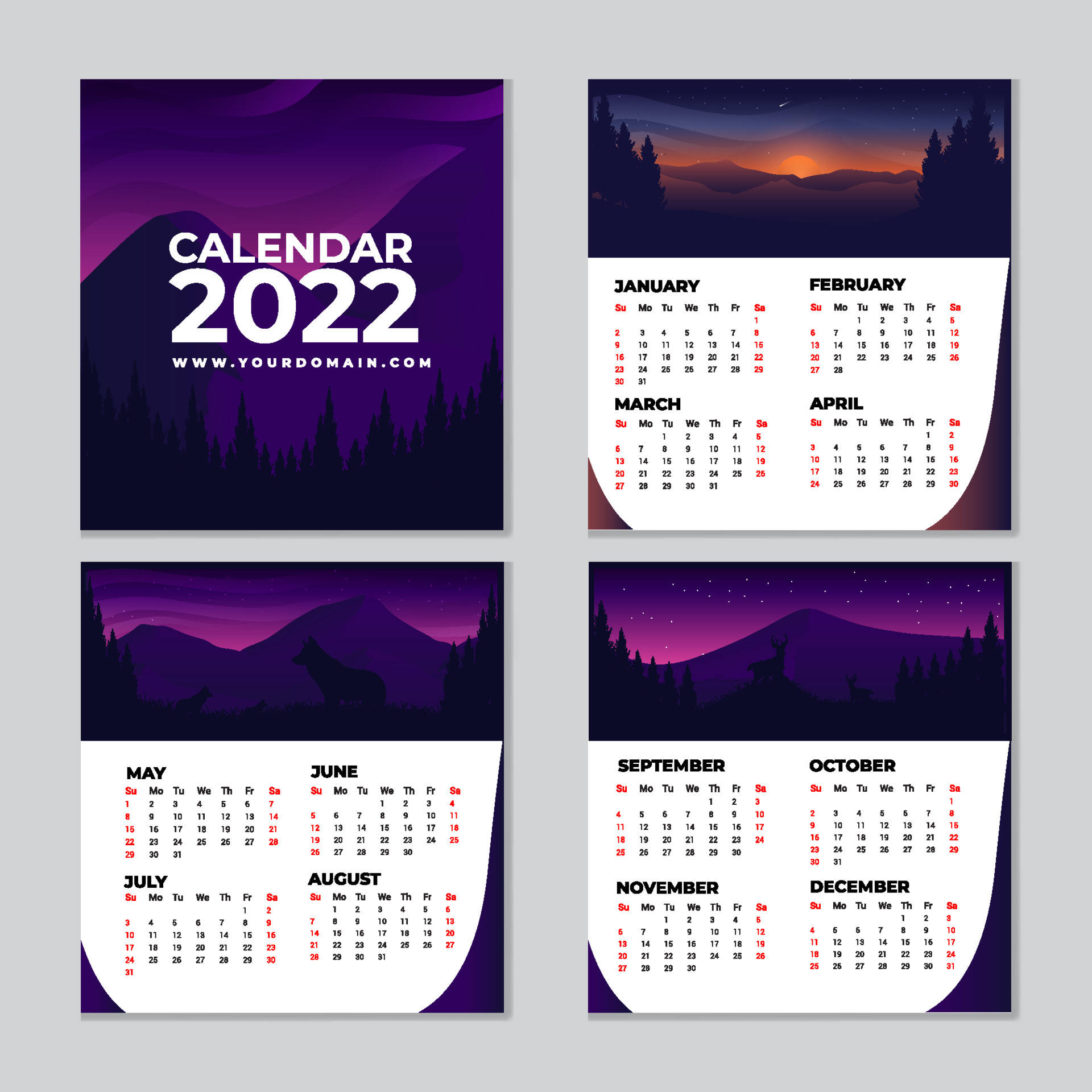 山景2022年曆 壁紙 — 2022年月曆，紫色山脈剪影與紅色日期映襯暮色天空。