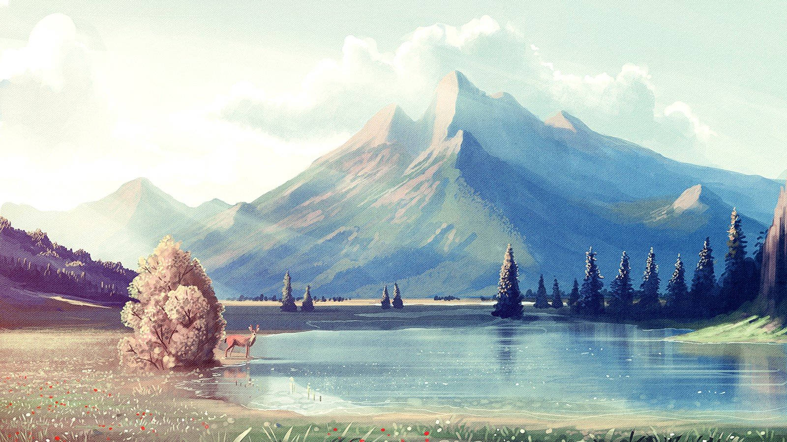 一隻鹿站在湖邊，背景是山脈，天空柔和。